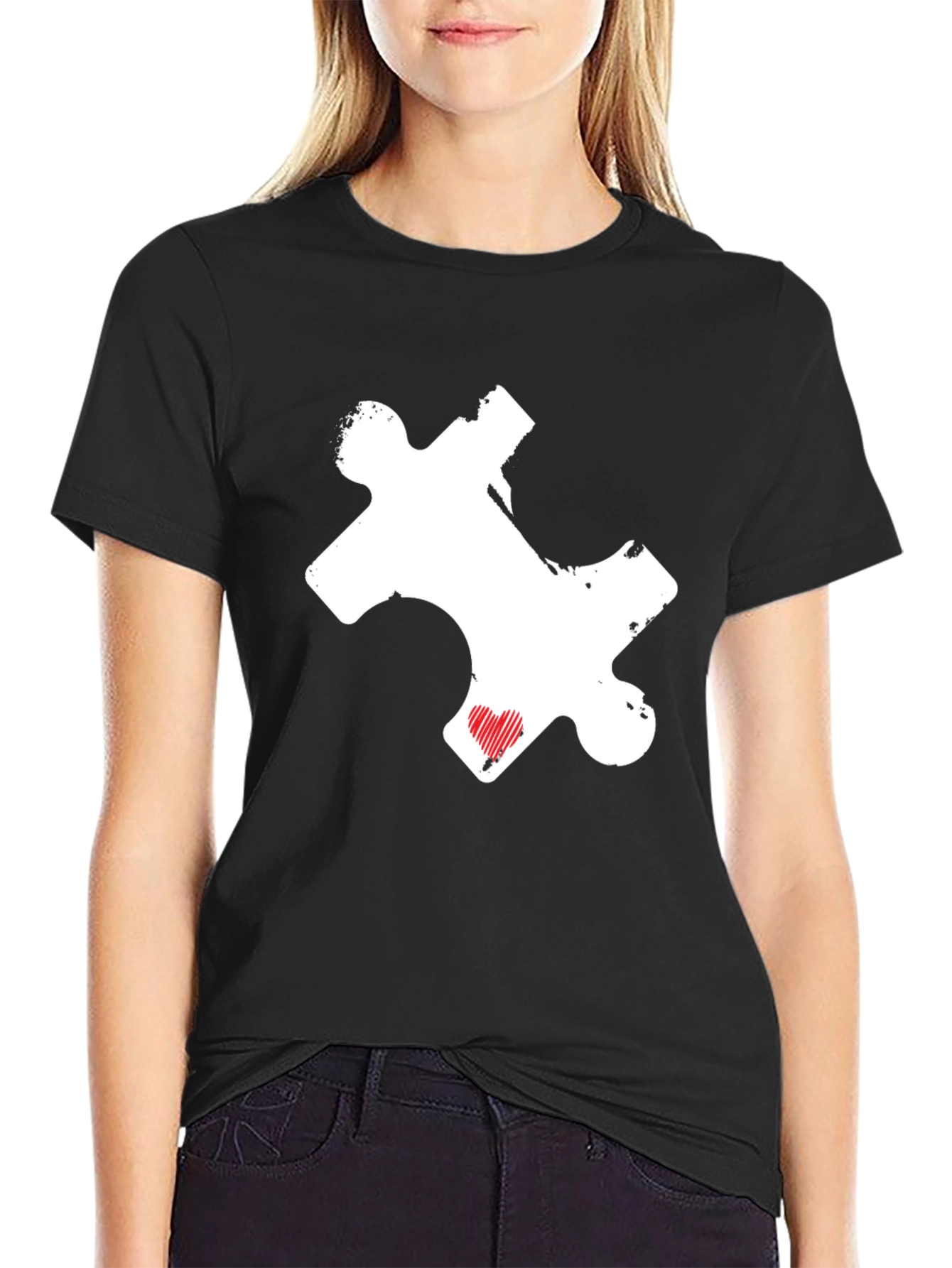 Puzzle Piece Heart Graphic Tee - Black Casual Shirt