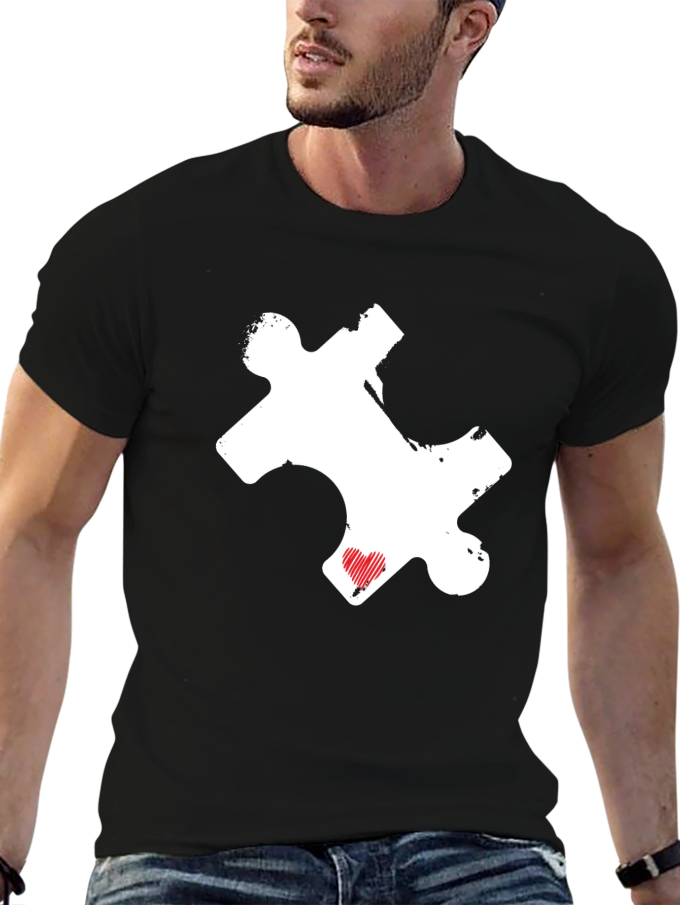 Puzzle Piece Heart Graphic Tee - Black Casual Shirt