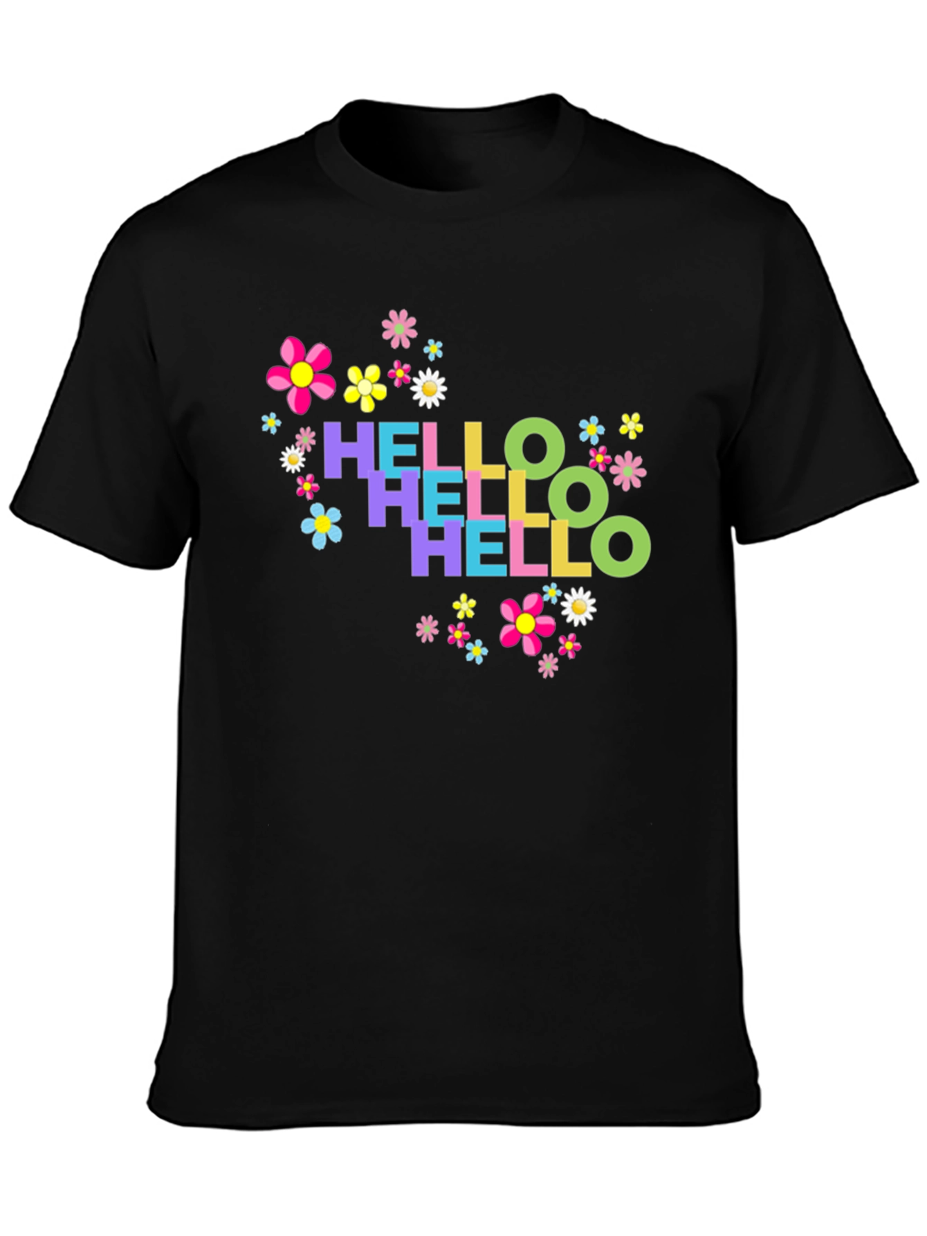 Hello Floral Graphic Tee - Black Cotton T-Shirt