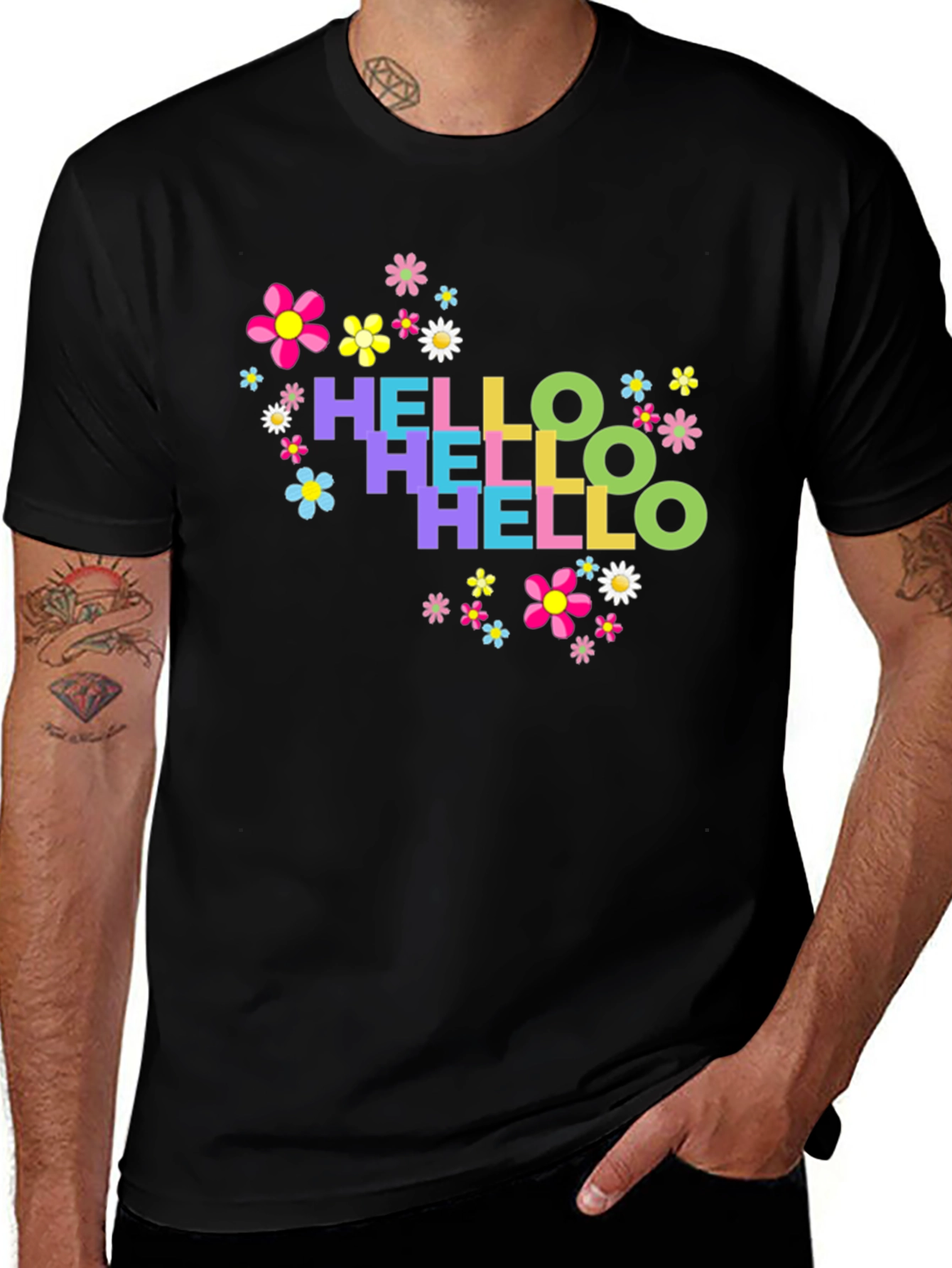 Hello Floral Graphic Tee - Black Cotton T-Shirt