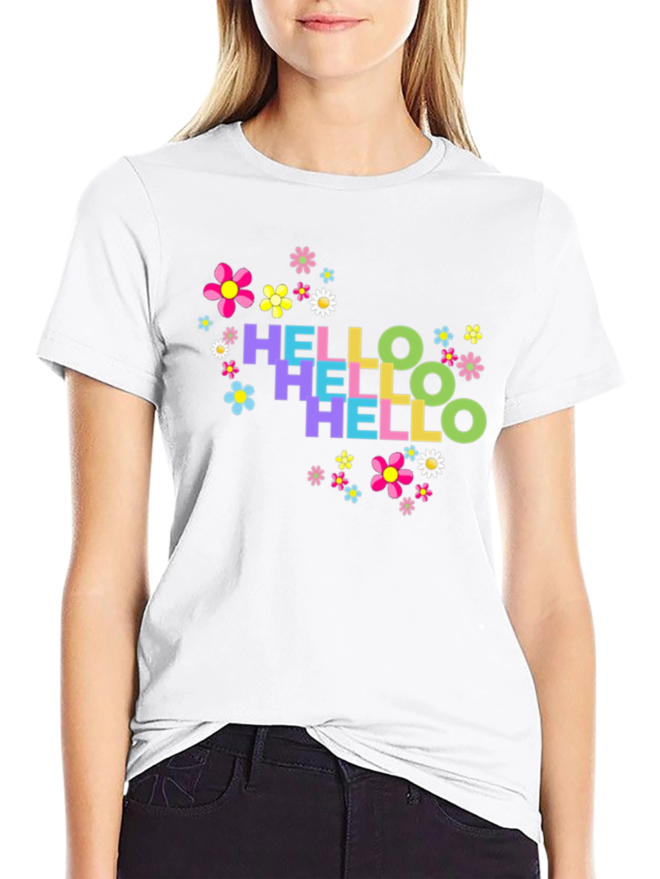 Hello Floral Graphic Tee - Black Cotton T-Shirt