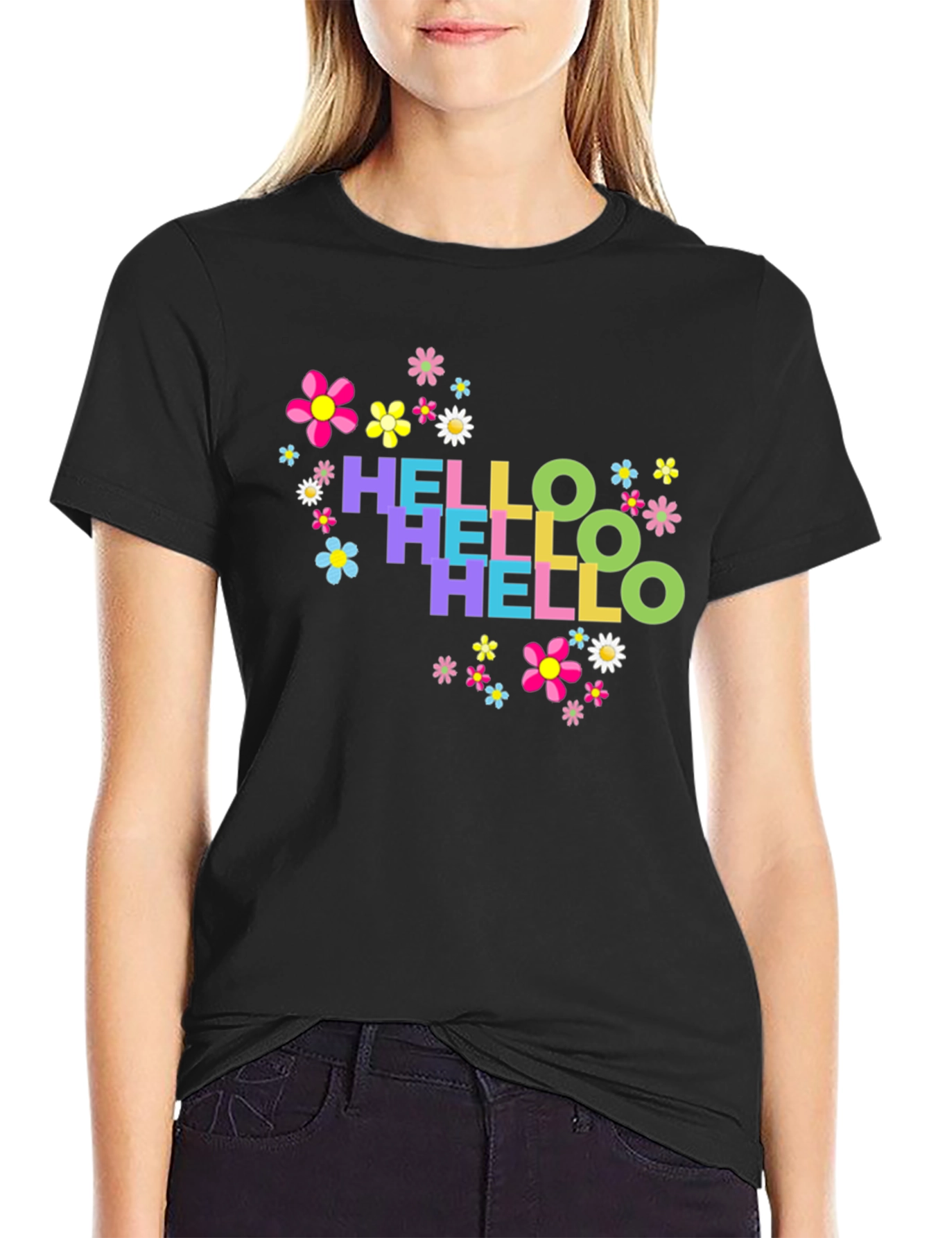 Hello Floral Graphic Tee - Black Cotton T-Shirt