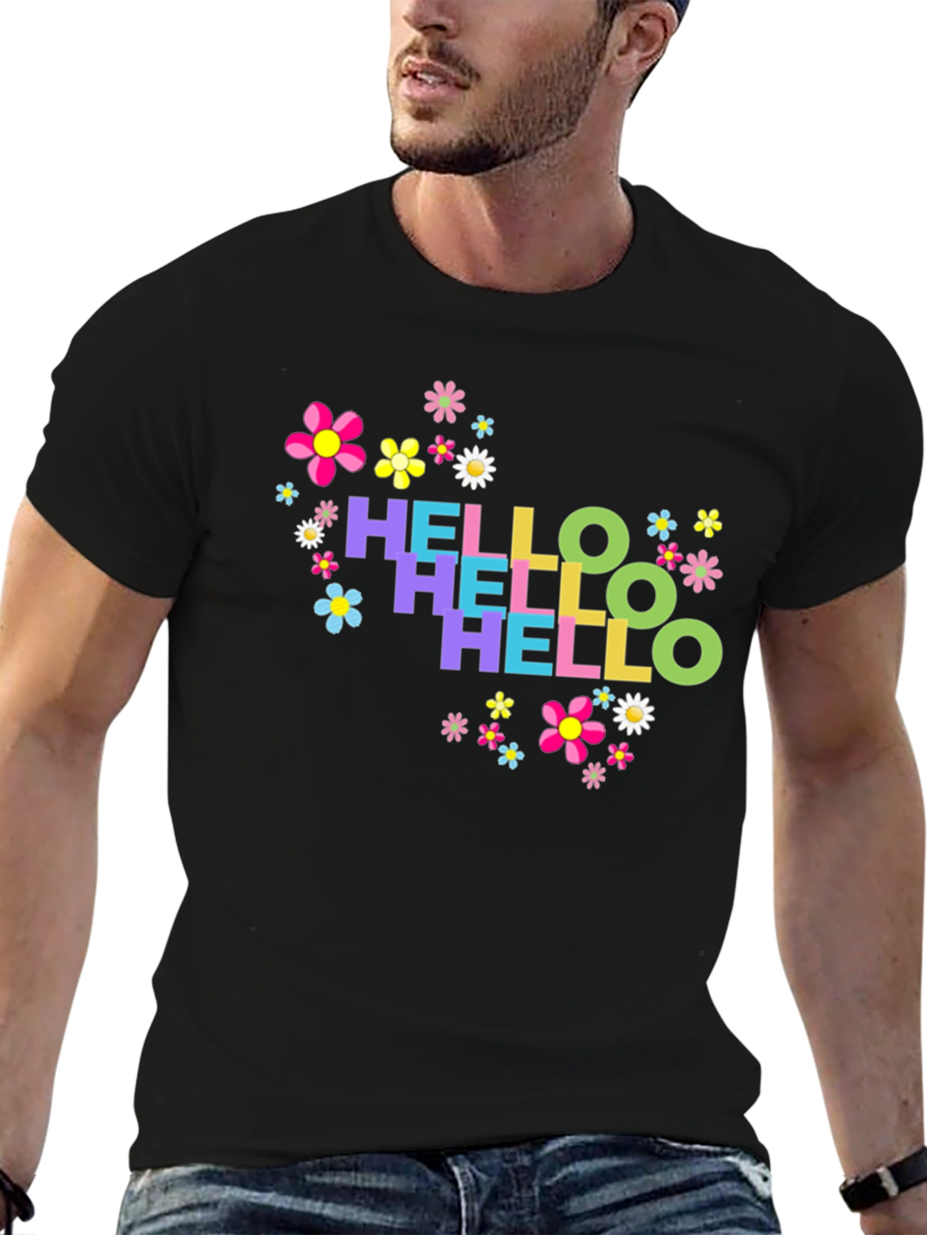 Hello Floral Graphic Tee - Black Cotton T-Shirt