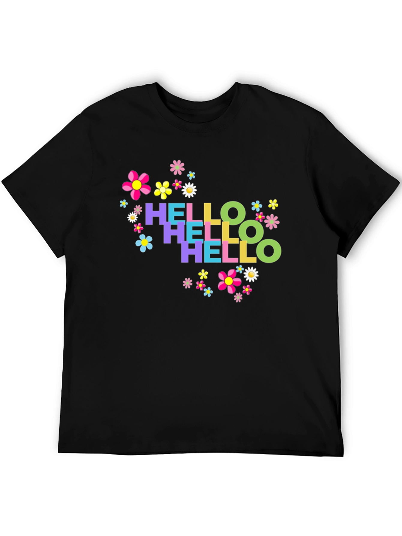 Hello Floral Graphic Tee - Black Cotton T-Shirt