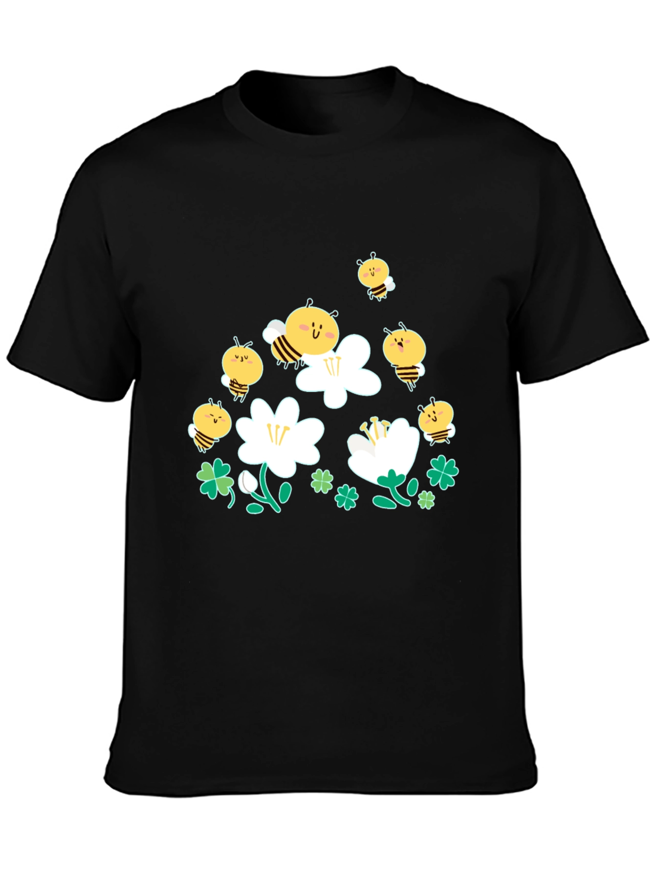 Cute Bee & Flower Graphic Black T-Shirt