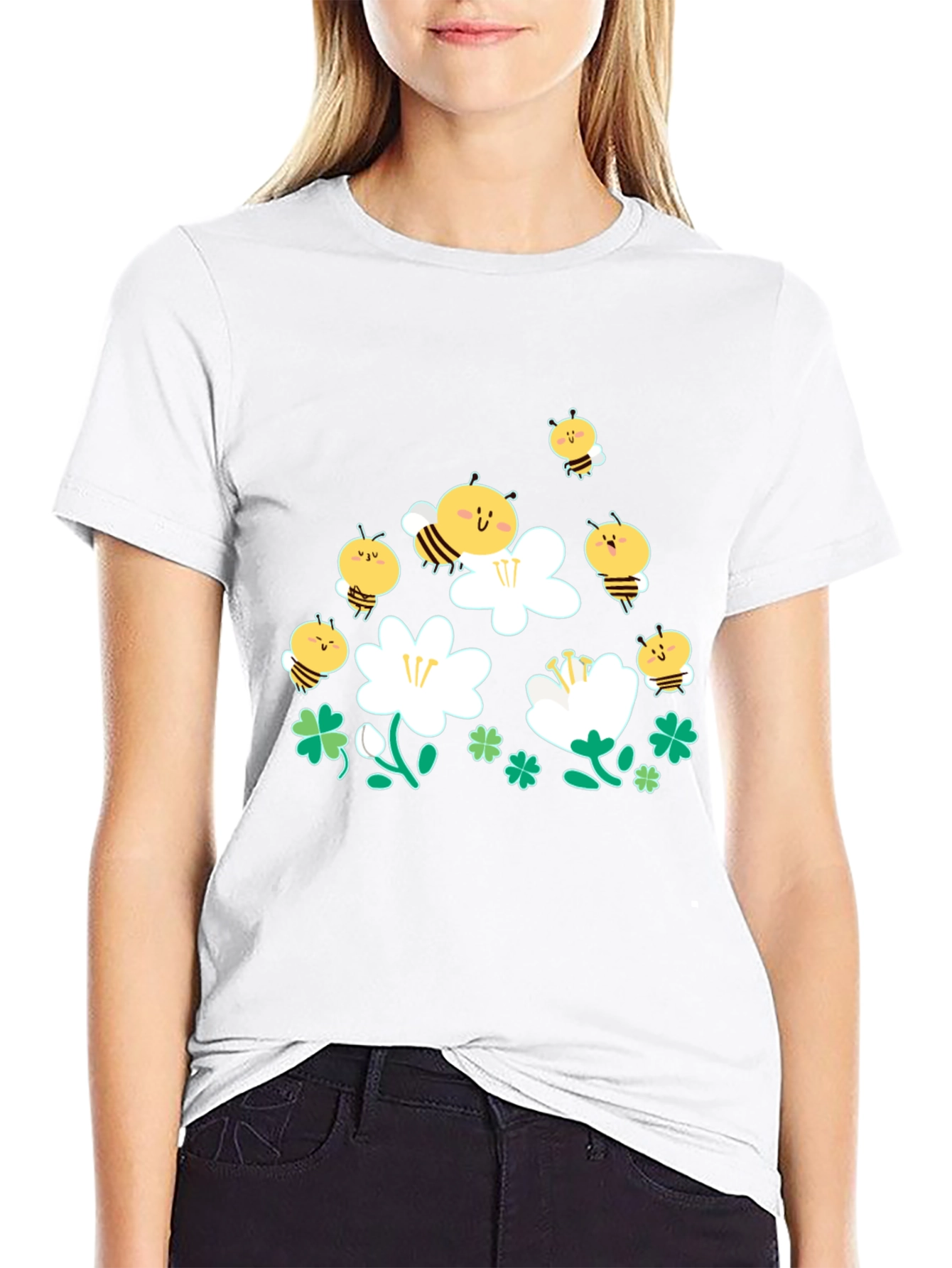 Cute Bee & Flower Graphic Black T-Shirt