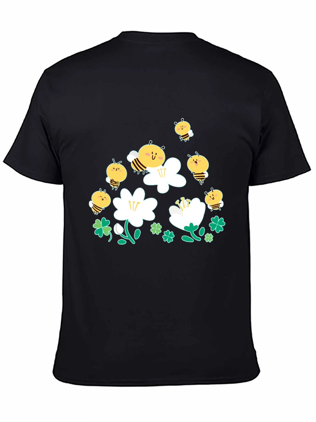 Cute Bee & Flower Graphic Black T-Shirt