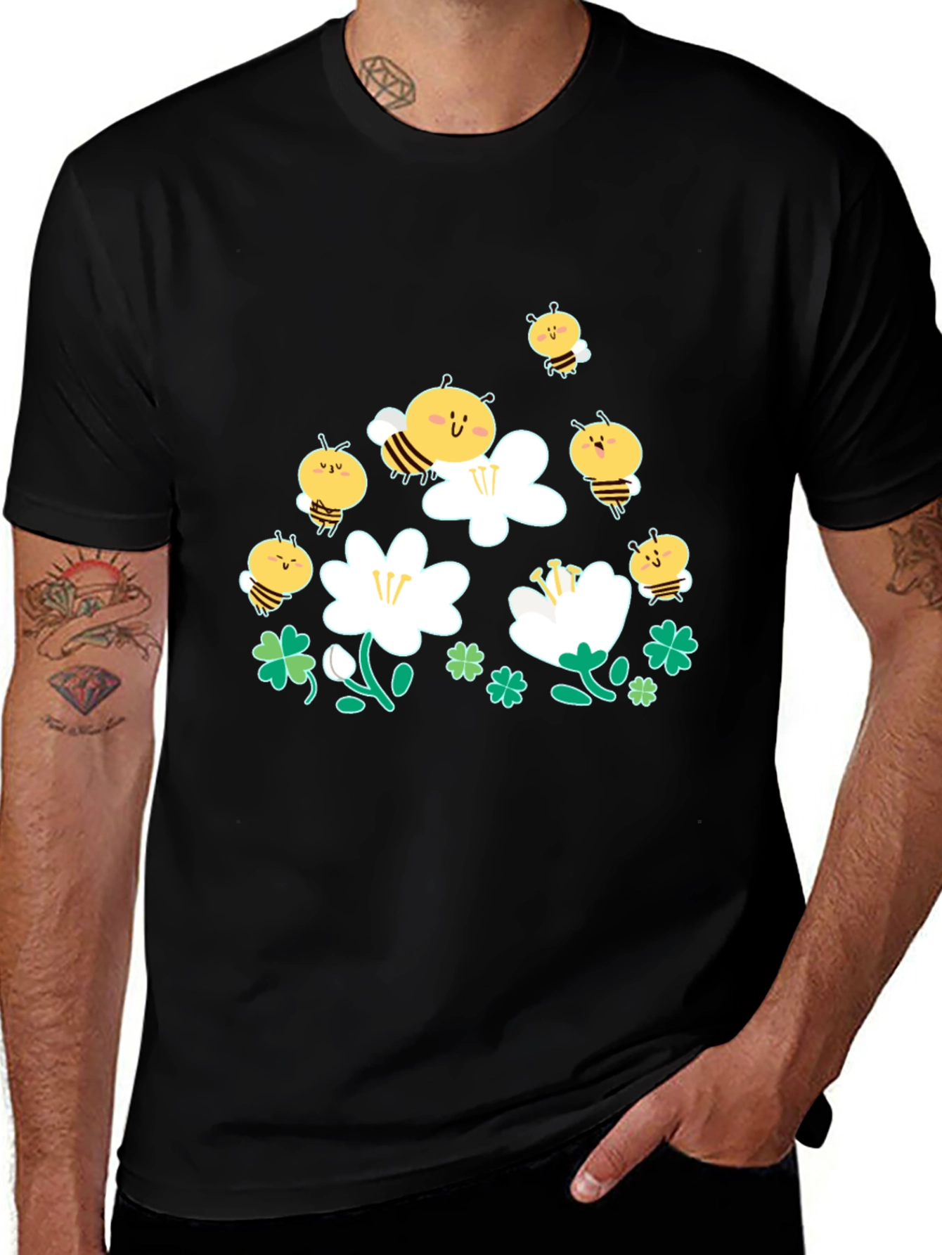 Cute Bee & Flower Graphic Black T-Shirt