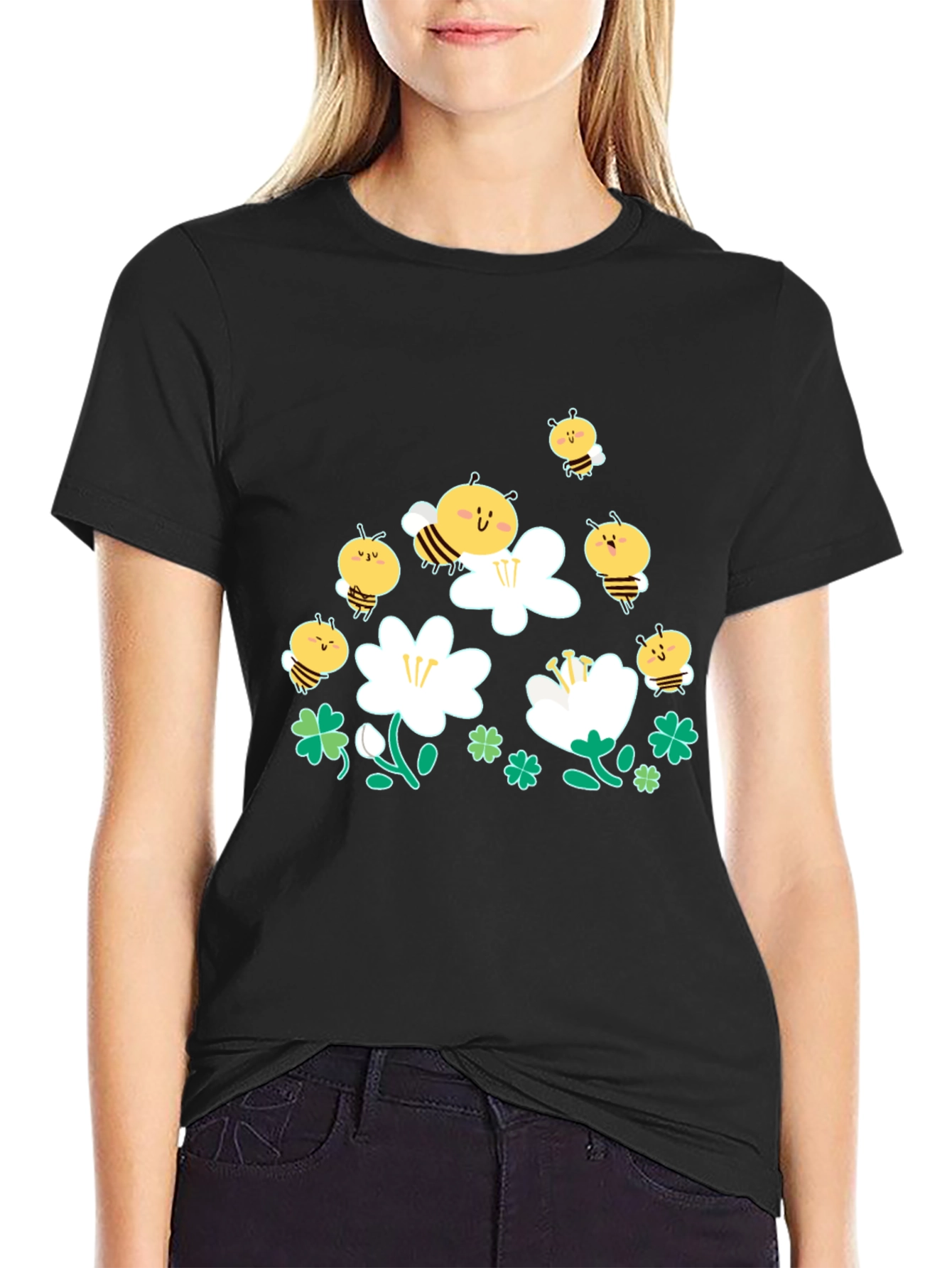 Cute Bee & Flower Graphic Black T-Shirt