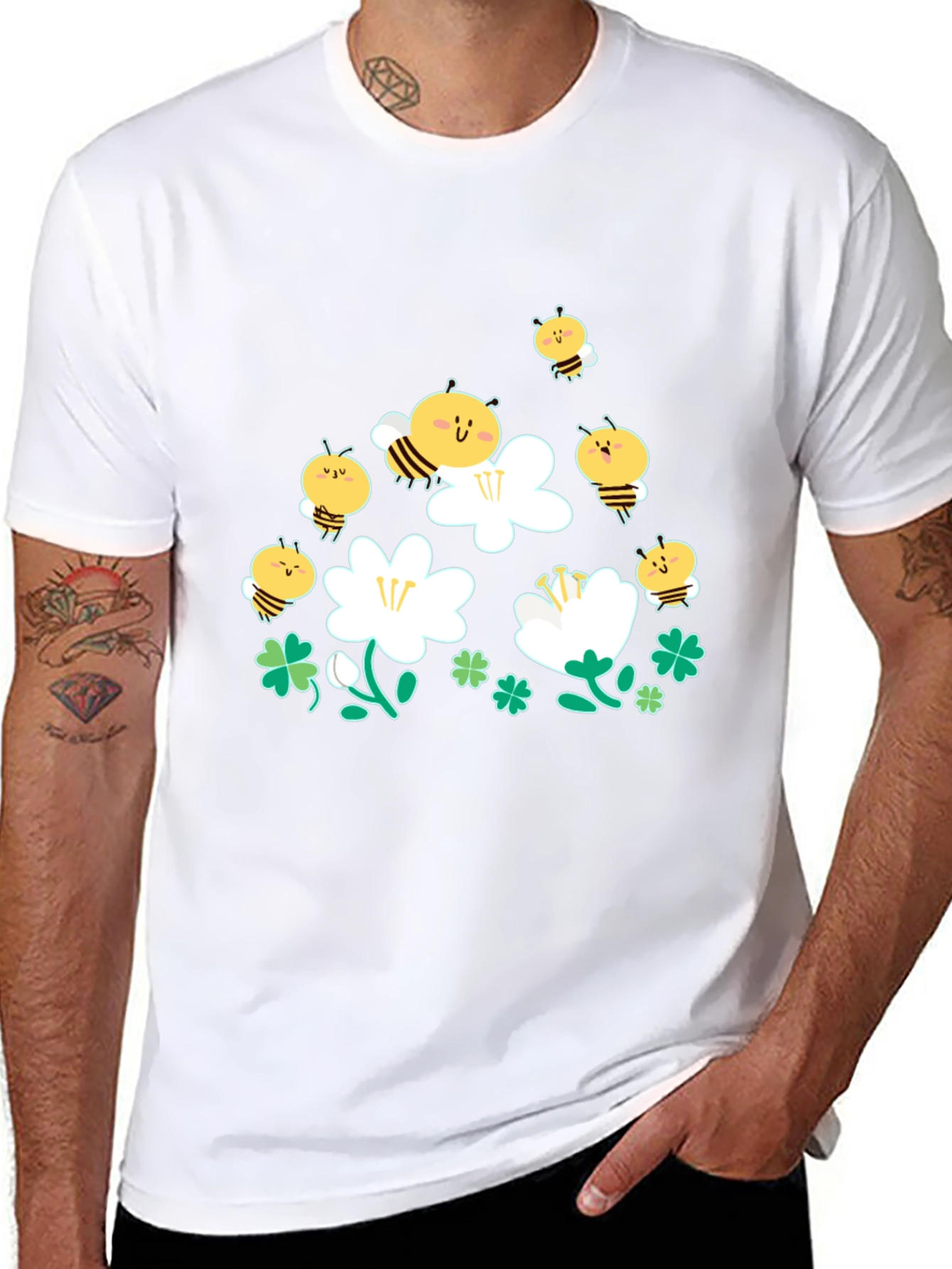 Cute Bee & Flower Graphic Black T-Shirt