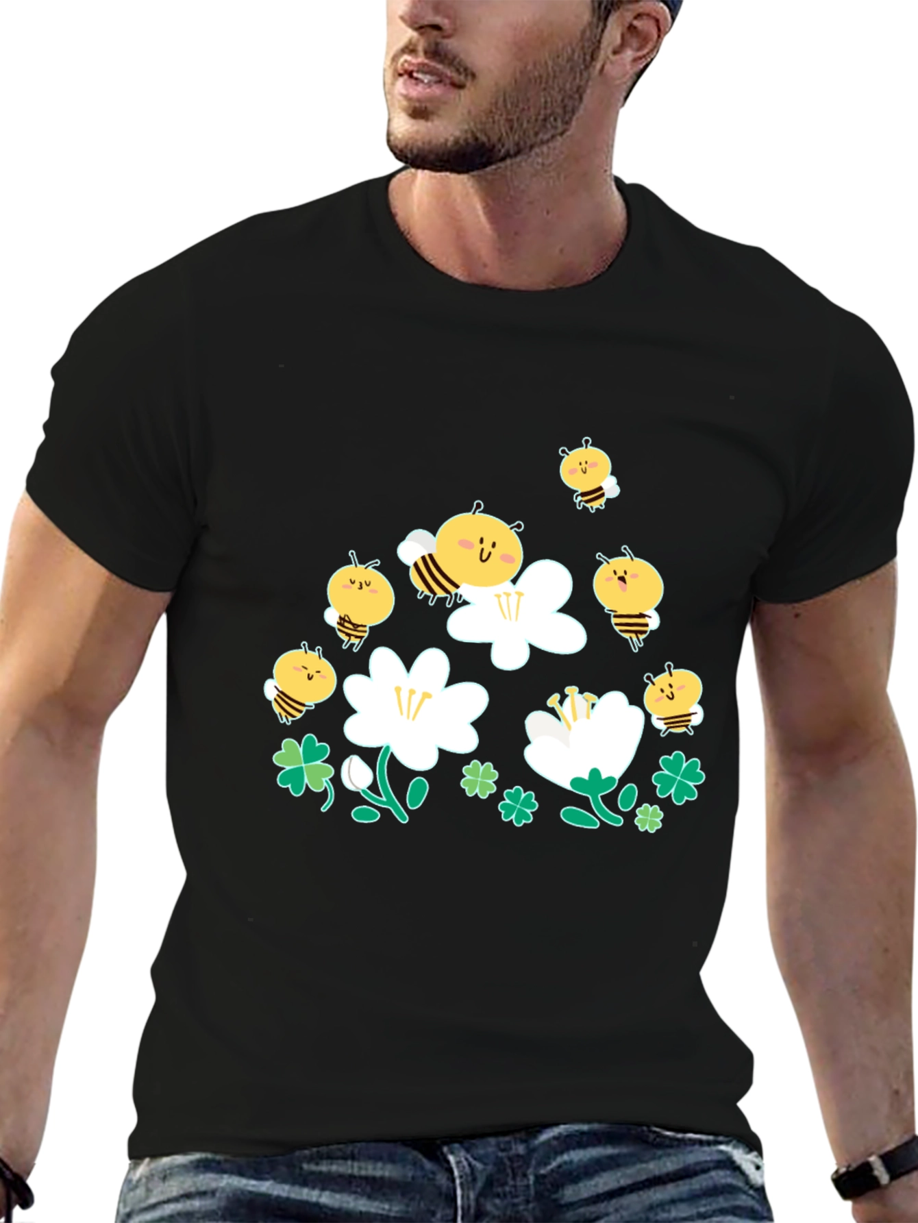 Cute Bee & Flower Graphic Black T-Shirt
