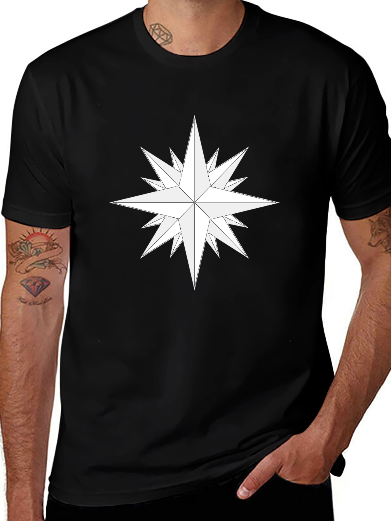 Geometric Starburst Graphic Tee - Casual Black Shirt