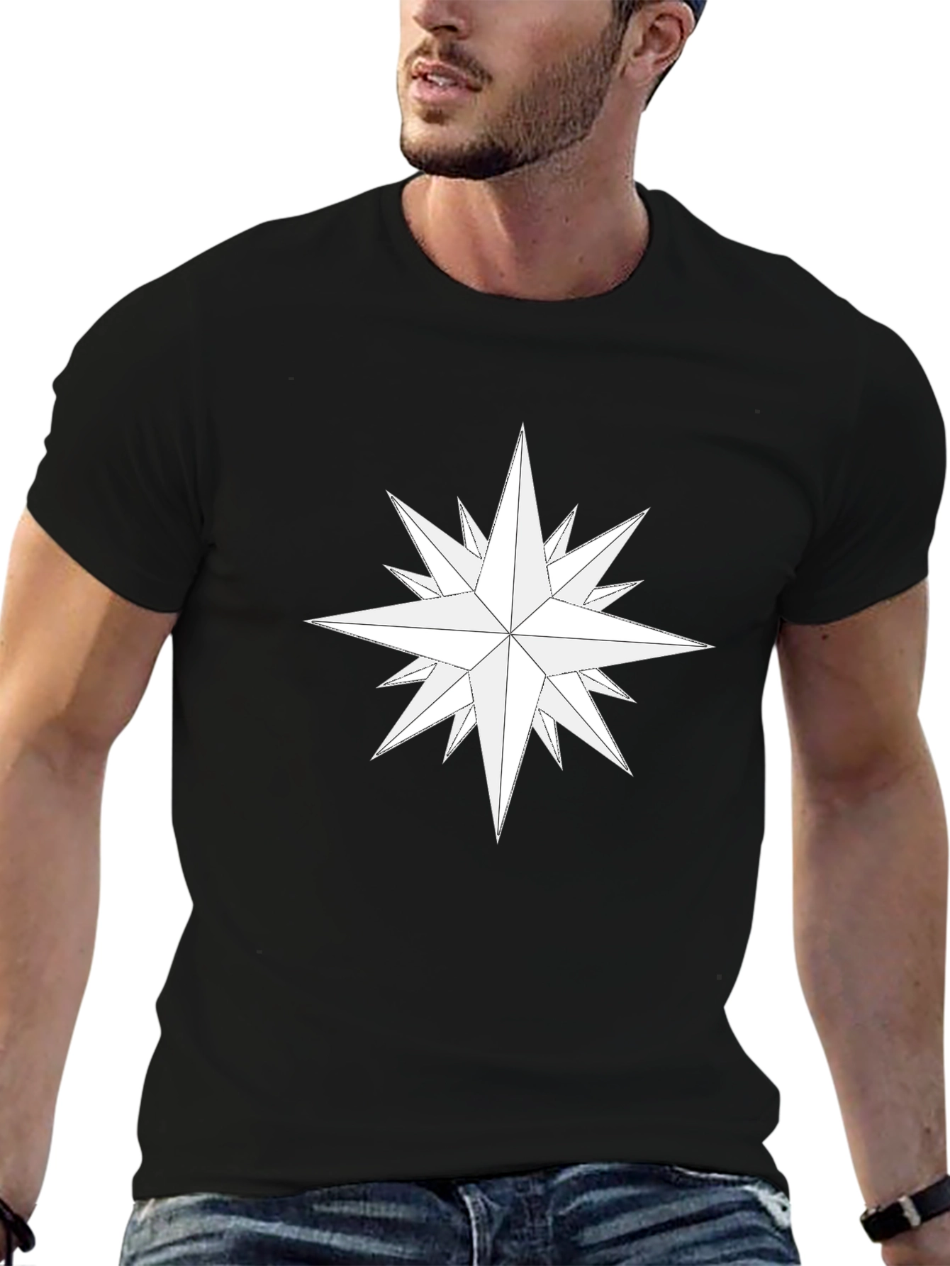 Geometric Starburst Graphic Tee - Casual Black Shirt