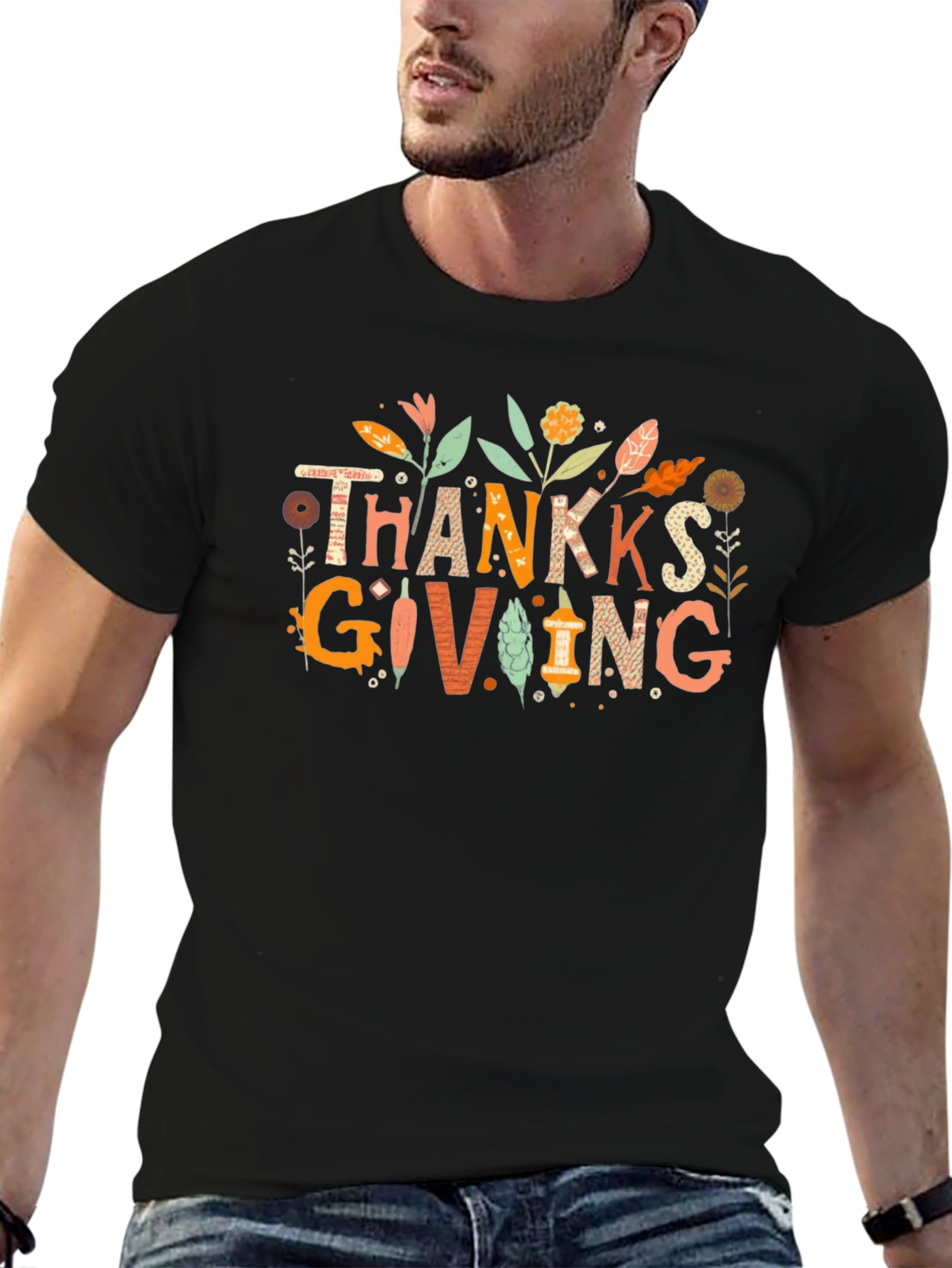 Thanksgiving Graphic Print Black T-Shirt