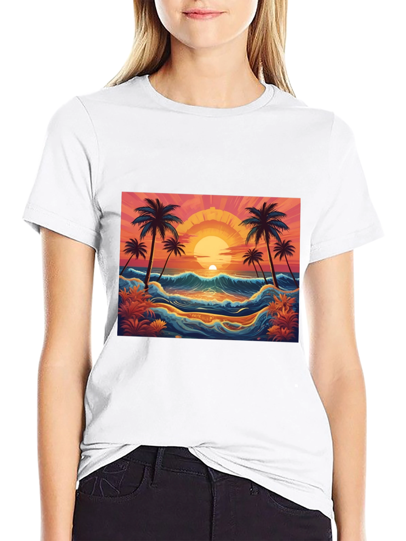 Sunset Beach Palm Tree Graphic Black Tee