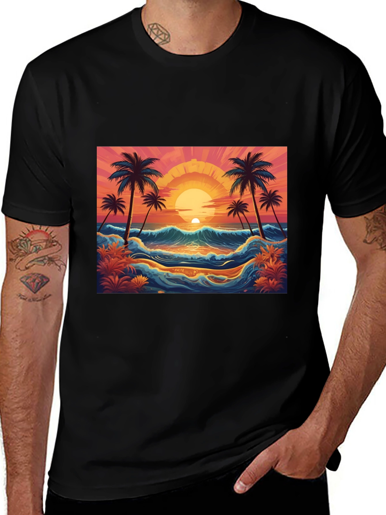 Sunset Beach Palm Tree Graphic Black Tee