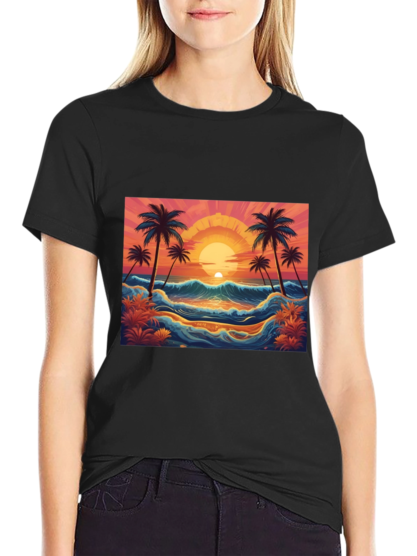 Sunset Beach Palm Tree Graphic Black Tee