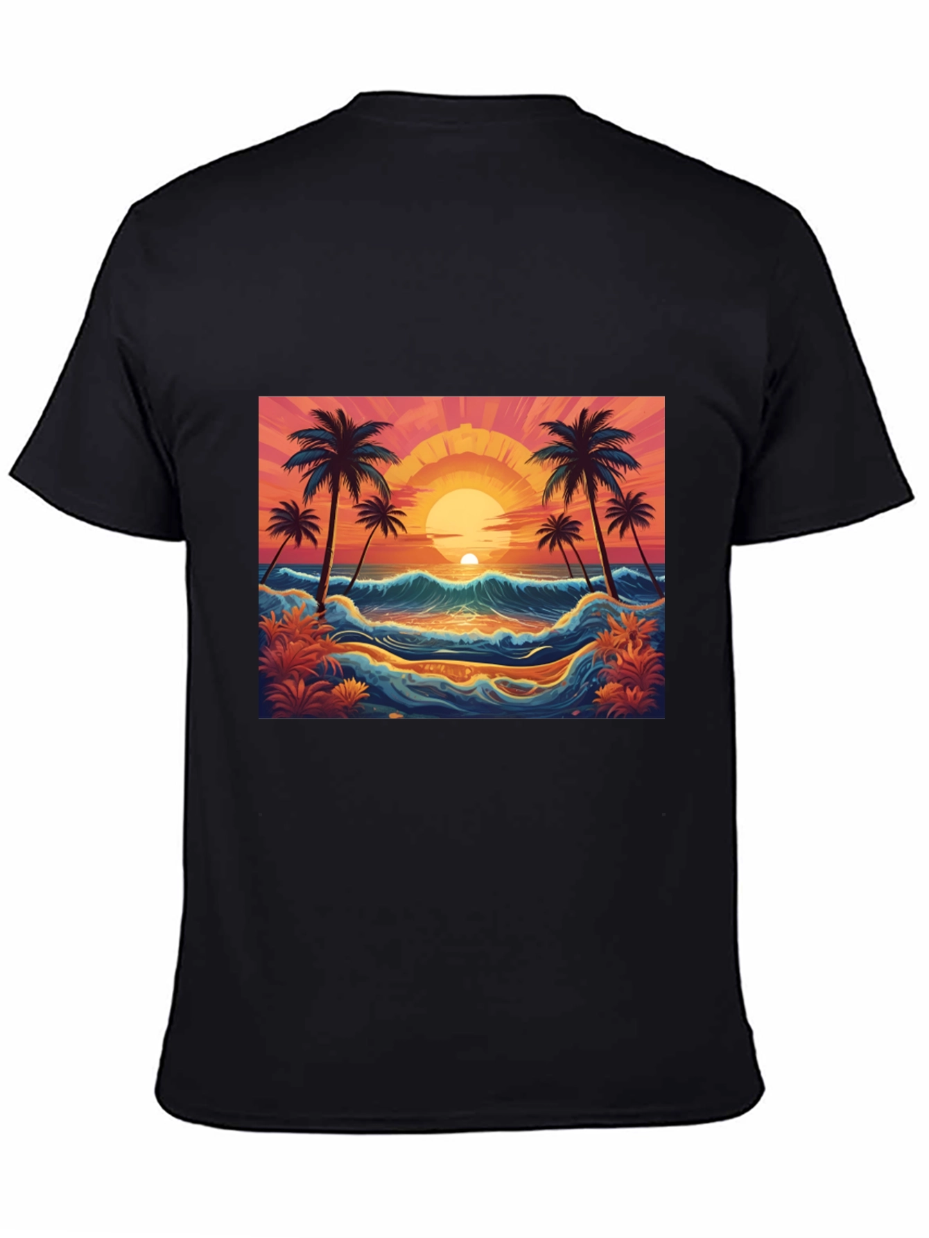 Sunset Beach Palm Tree Graphic Black Tee