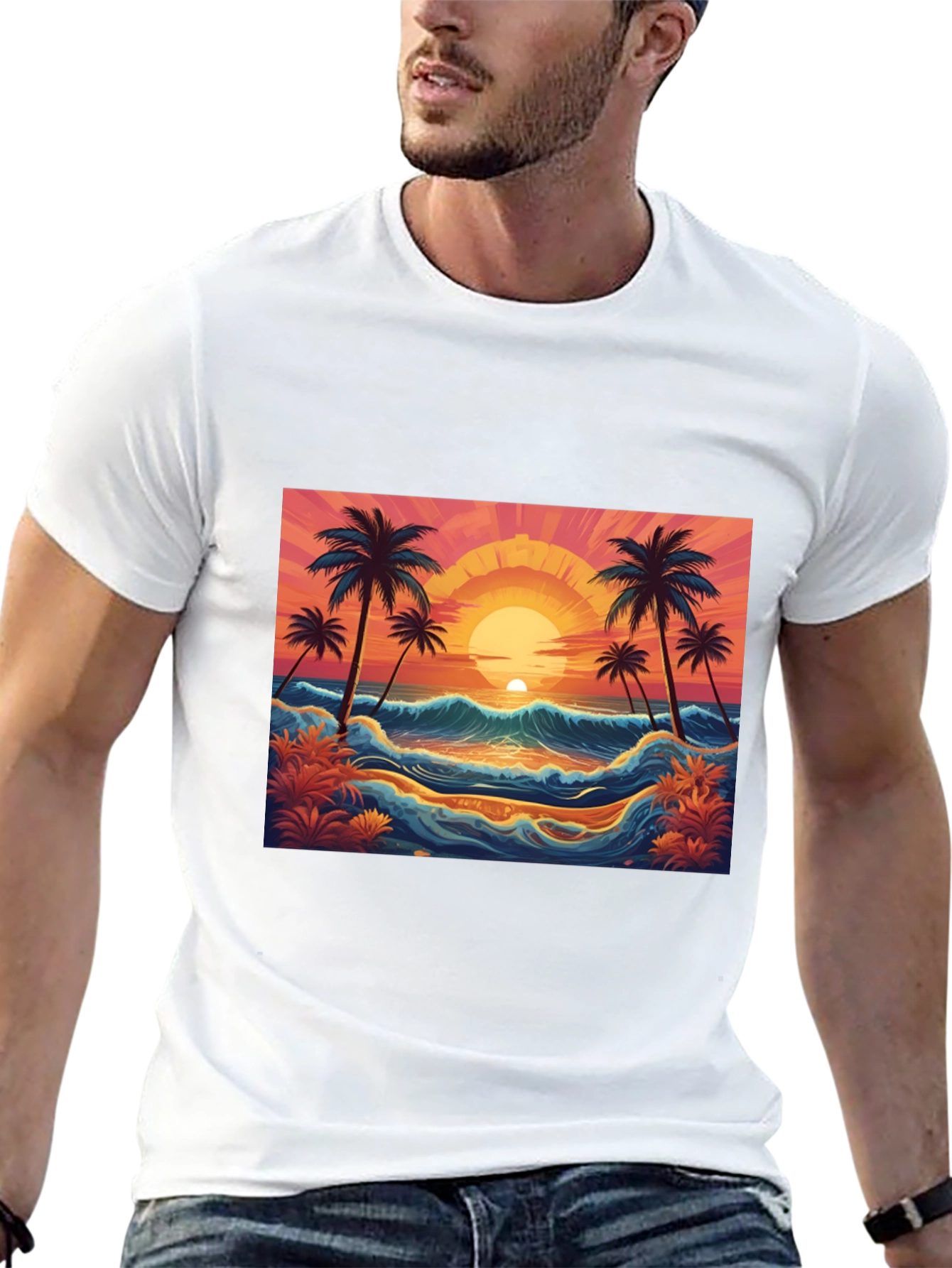 Sunset Beach Palm Tree Graphic Black Tee