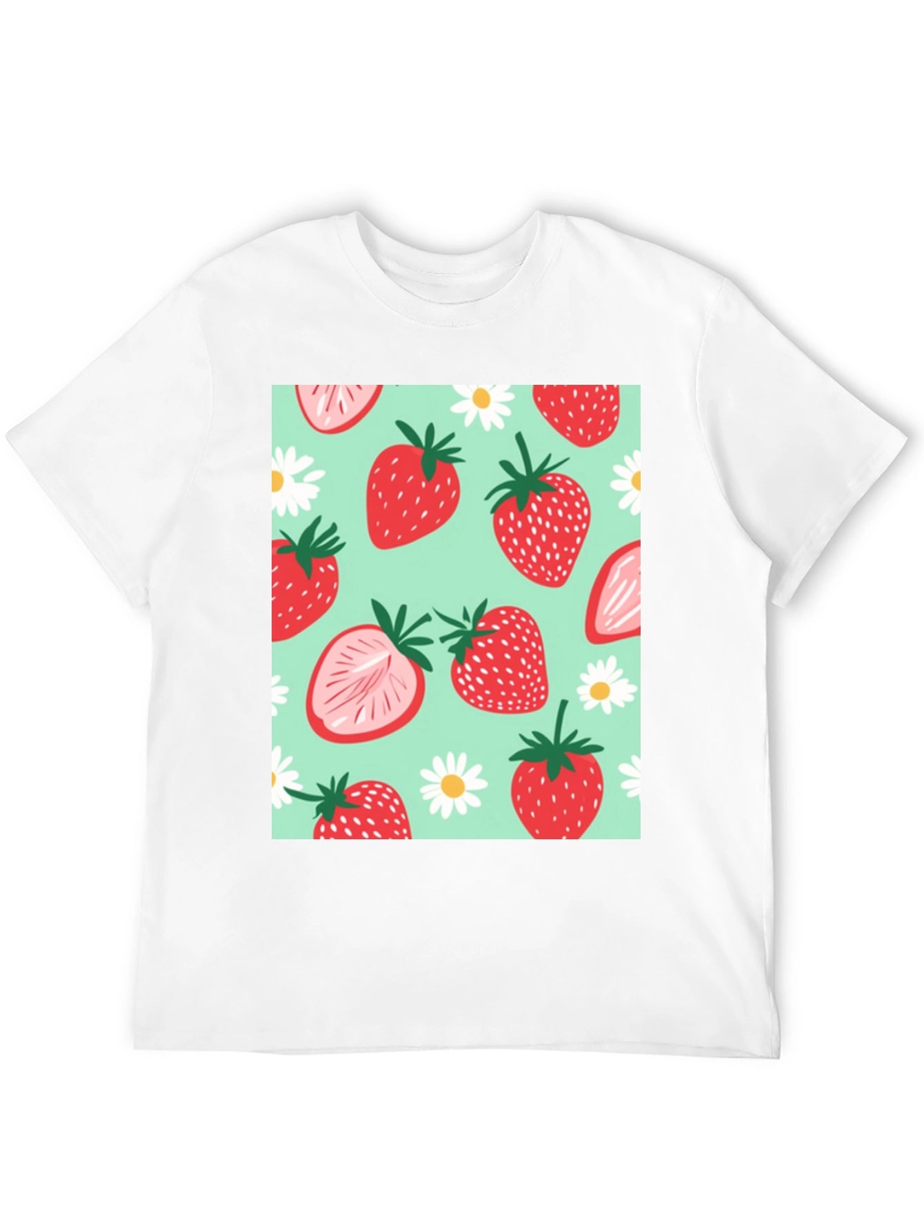 Strawberry Pattern Graphic Tee - Black Cotton T-Shirt