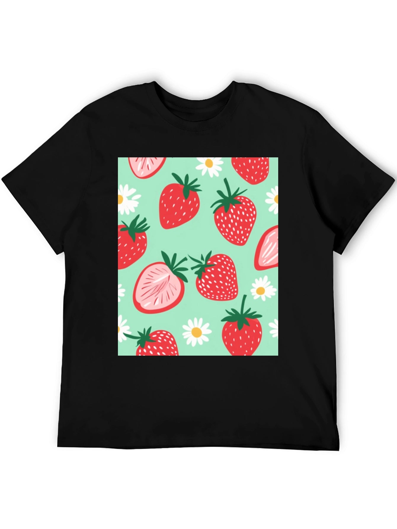 Strawberry Pattern Graphic Tee - Black Cotton T-Shirt