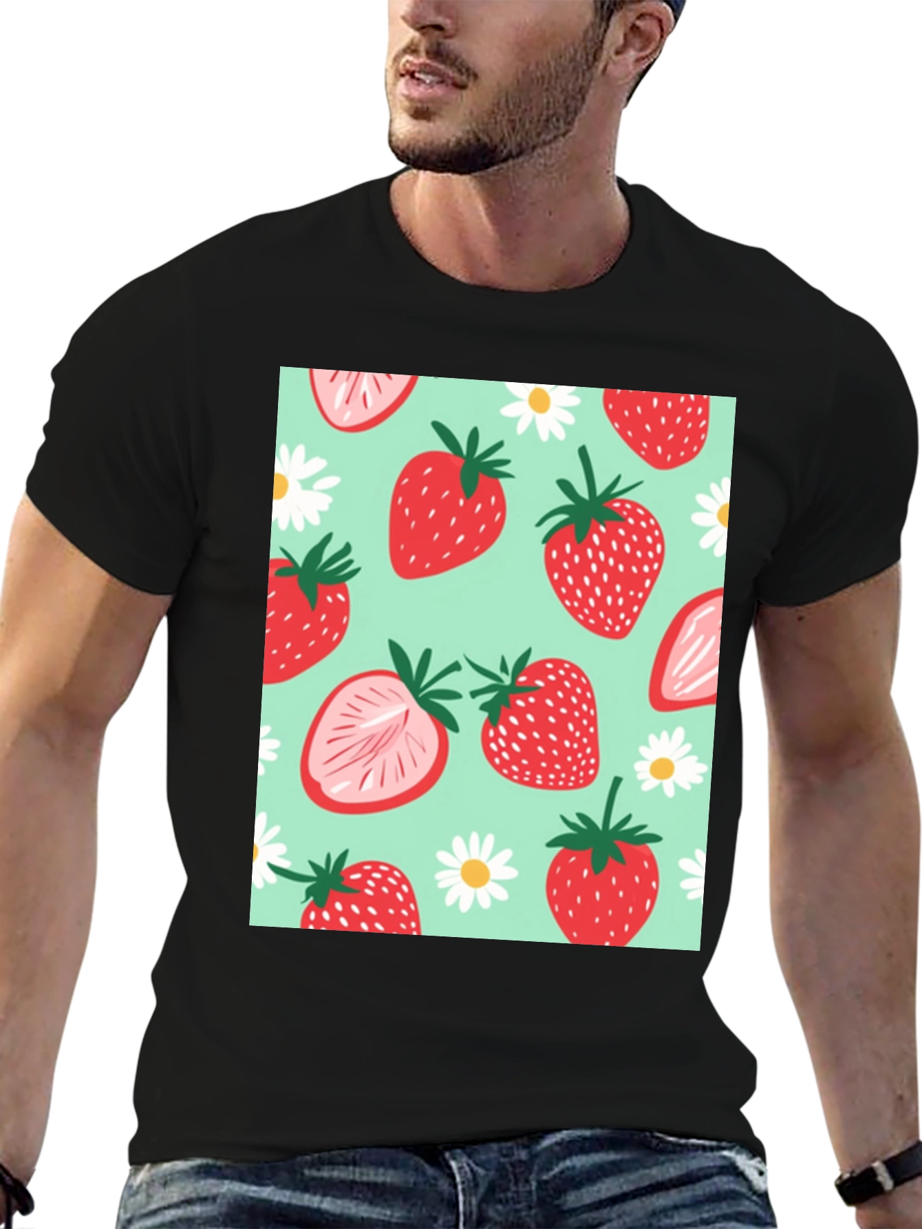 Strawberry Pattern Graphic Tee - Black Cotton T-Shirt