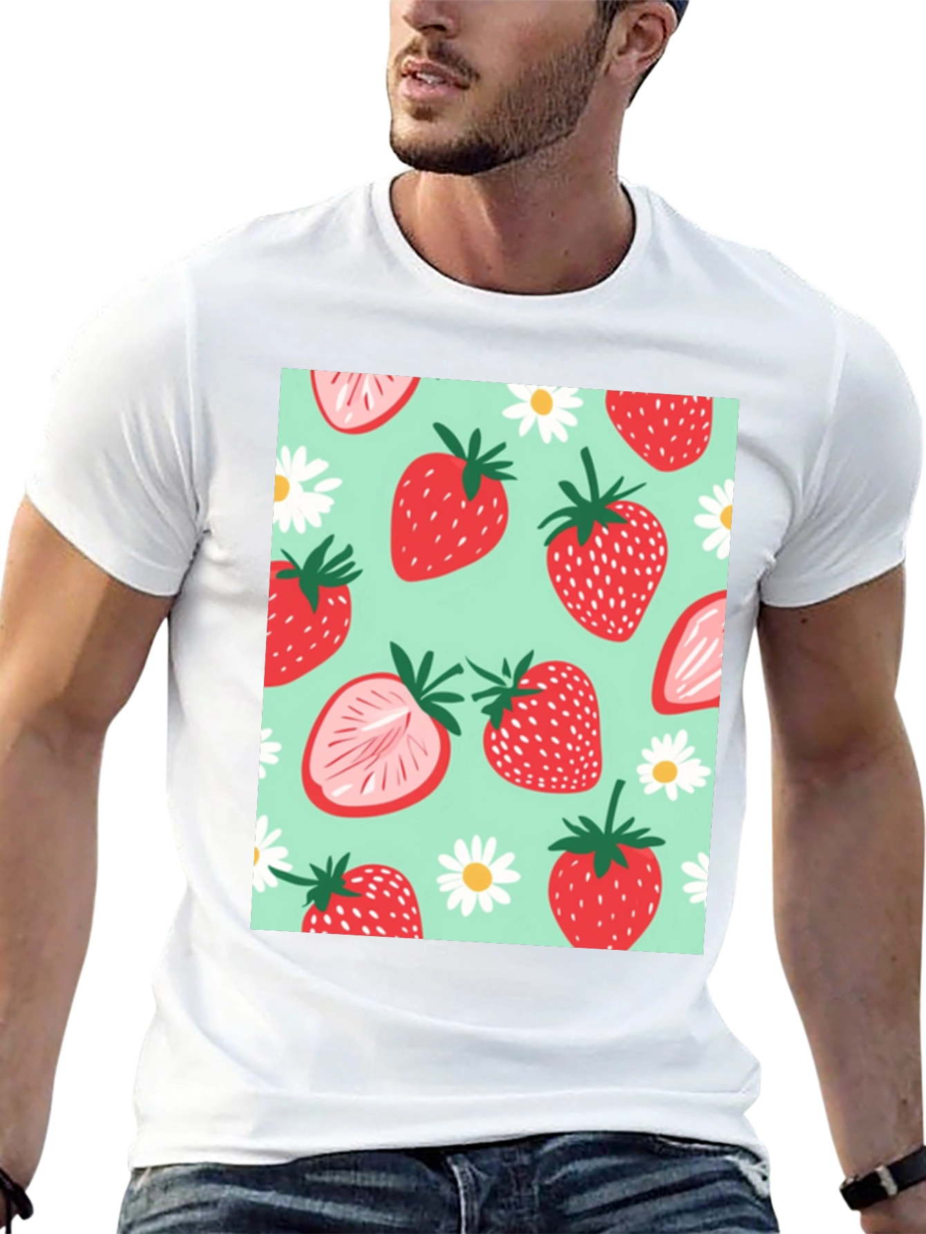Strawberry Pattern Graphic Tee - Black Cotton T-Shirt
