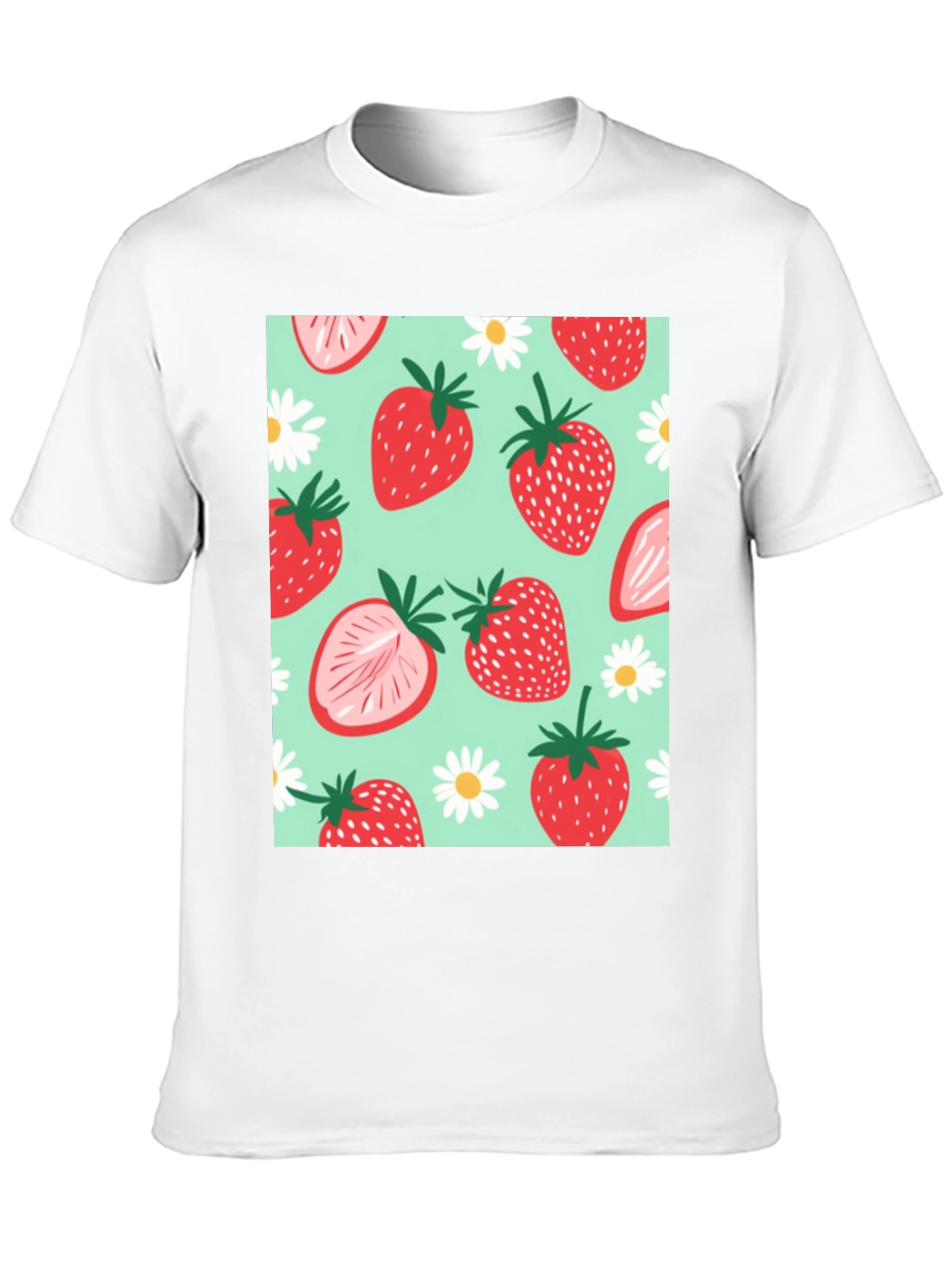 Strawberry Pattern Graphic Tee - Black Cotton T-Shirt
