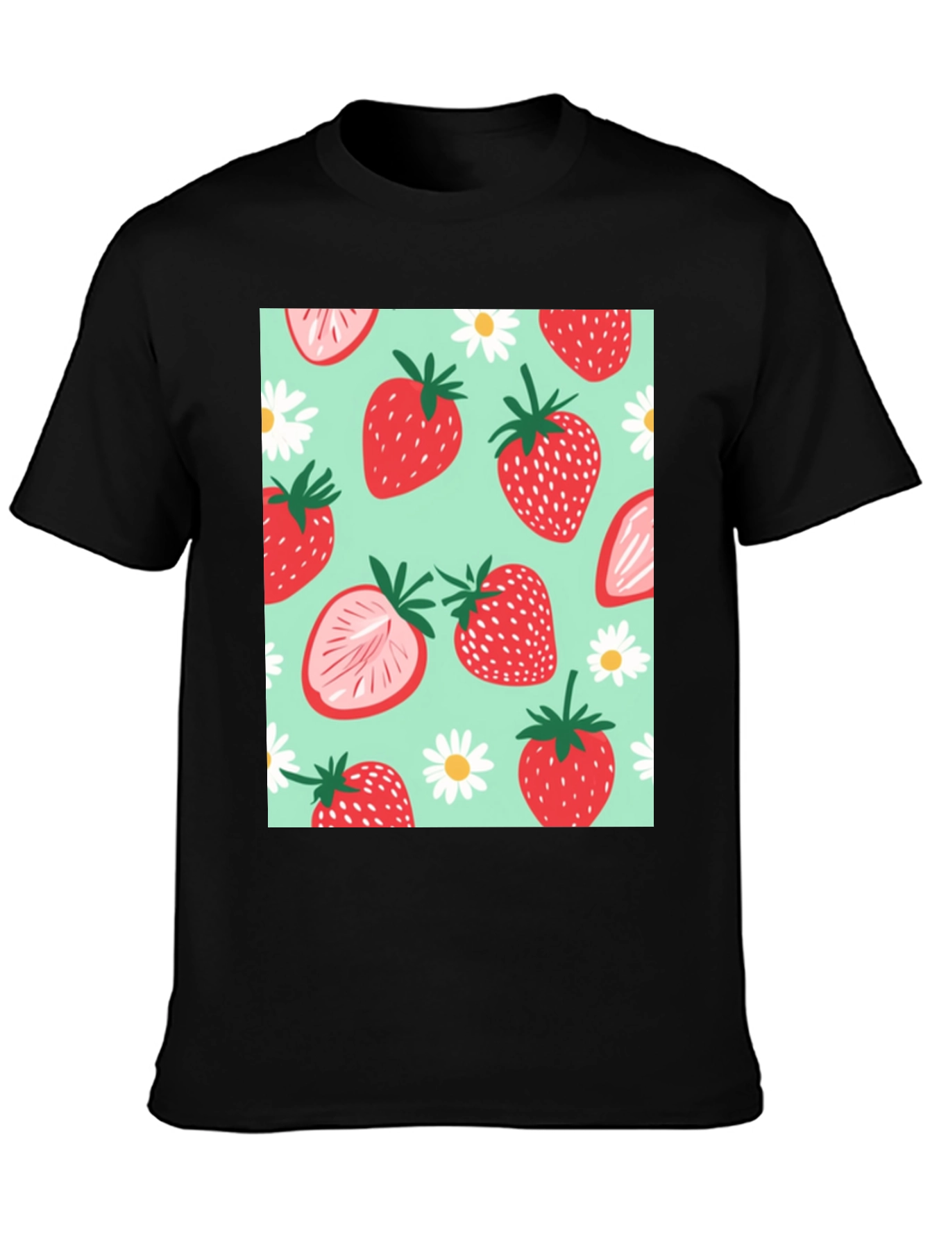 Strawberry Pattern Graphic Tee - Black Cotton T-Shirt