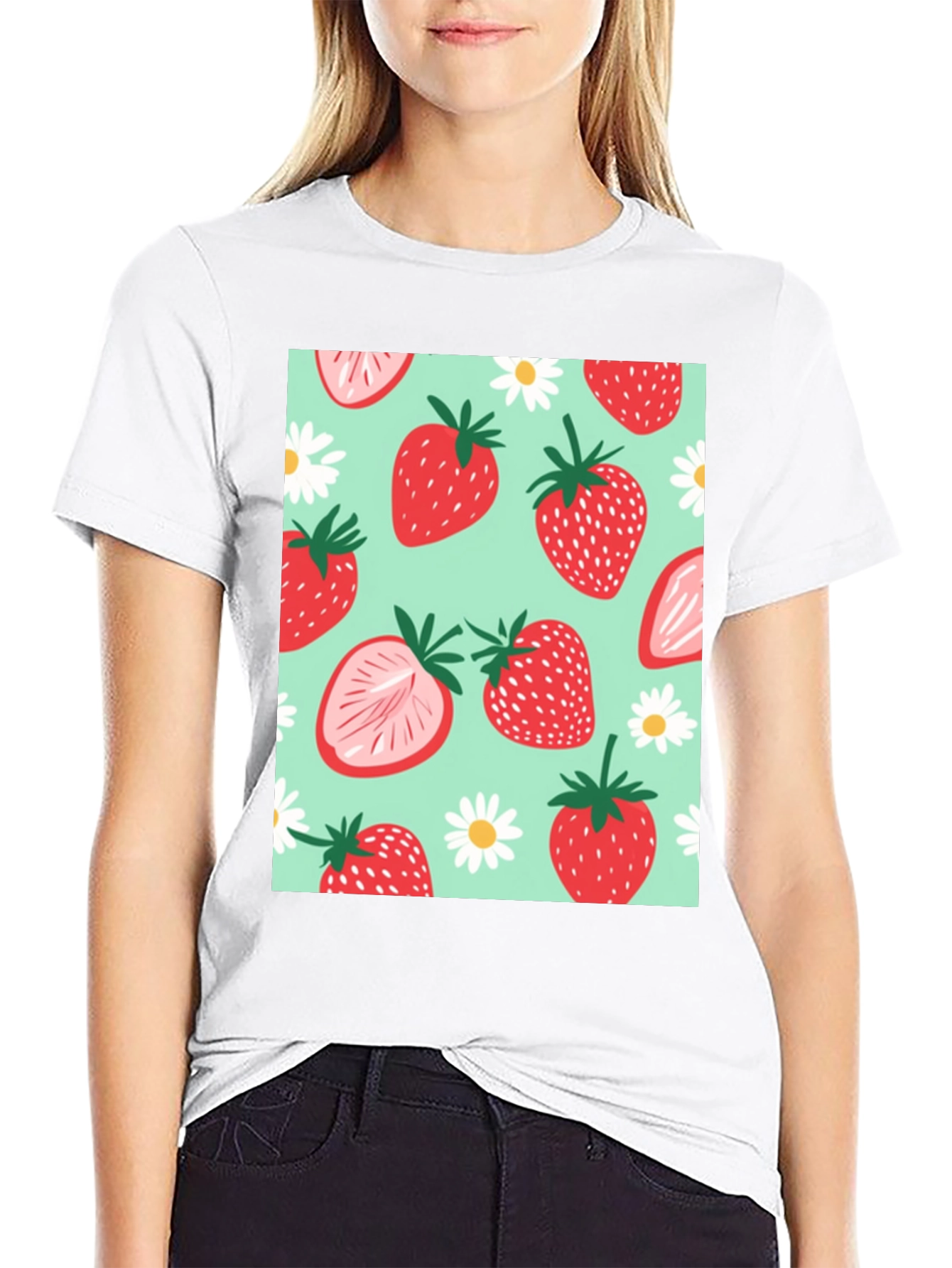 Strawberry Pattern Graphic Tee - Black Cotton T-Shirt