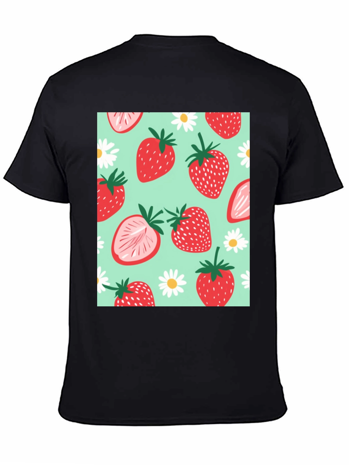 Strawberry Pattern Graphic Tee - Black Cotton T-Shirt