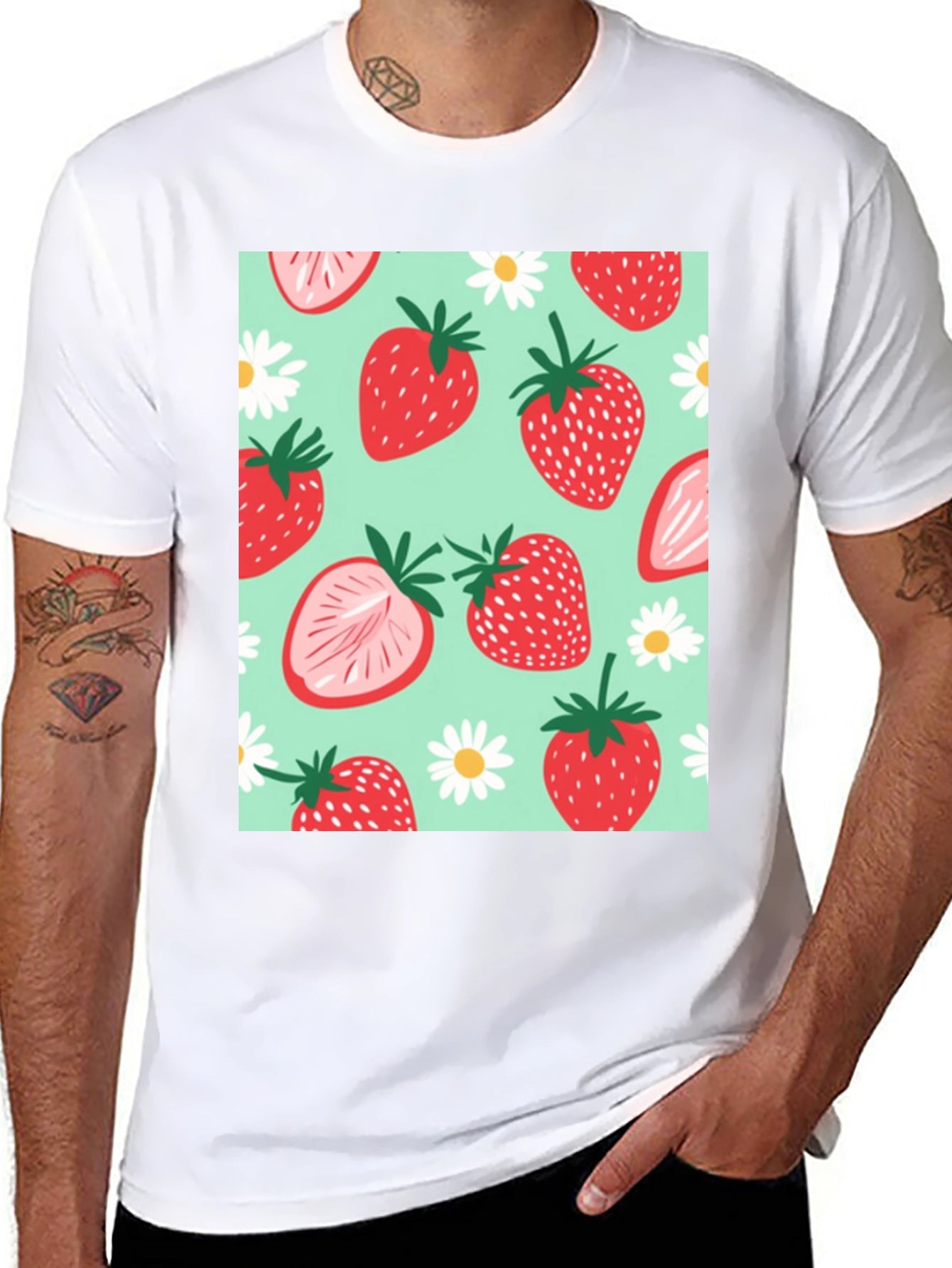 Strawberry Pattern Graphic Tee - Black Cotton T-Shirt