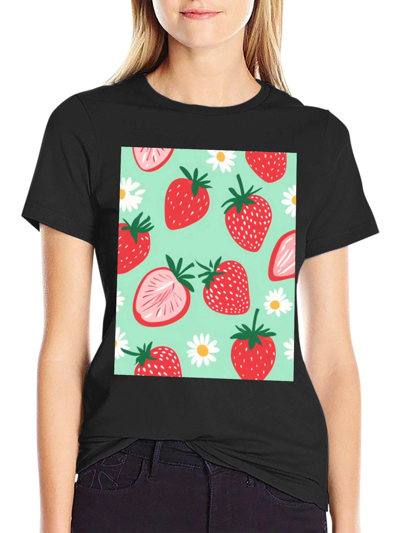 Strawberry Pattern Graphic Tee - Black Cotton T-Shirt