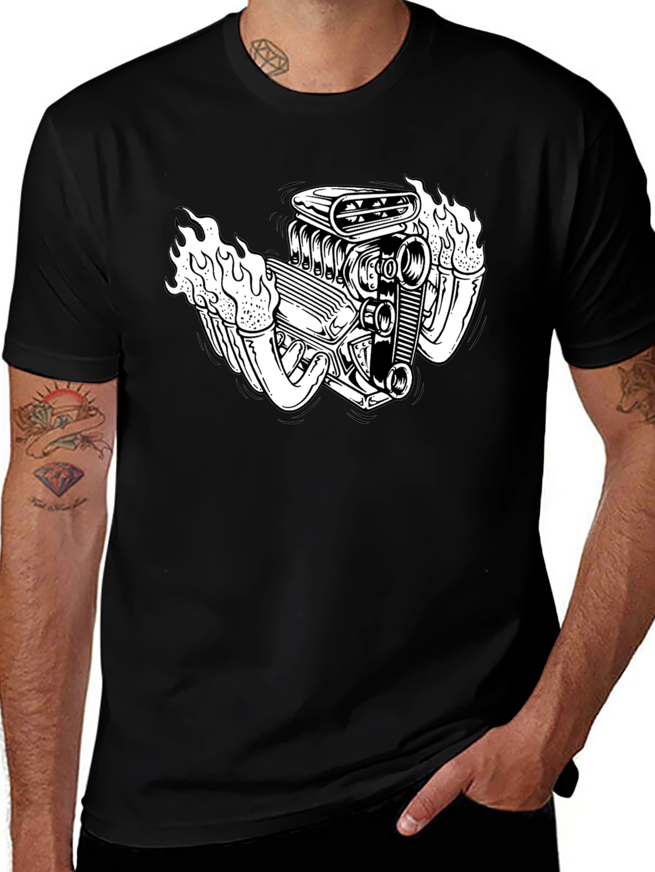 Flaming Engine Graphic Black T-Shirt