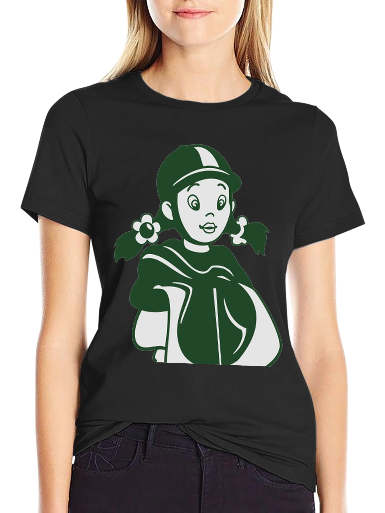 Retro Cartoon Girl Graphic Tee - Unisex Black T-Shirt