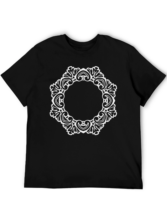 Elegant Black Tee with Ornate White Circle Design