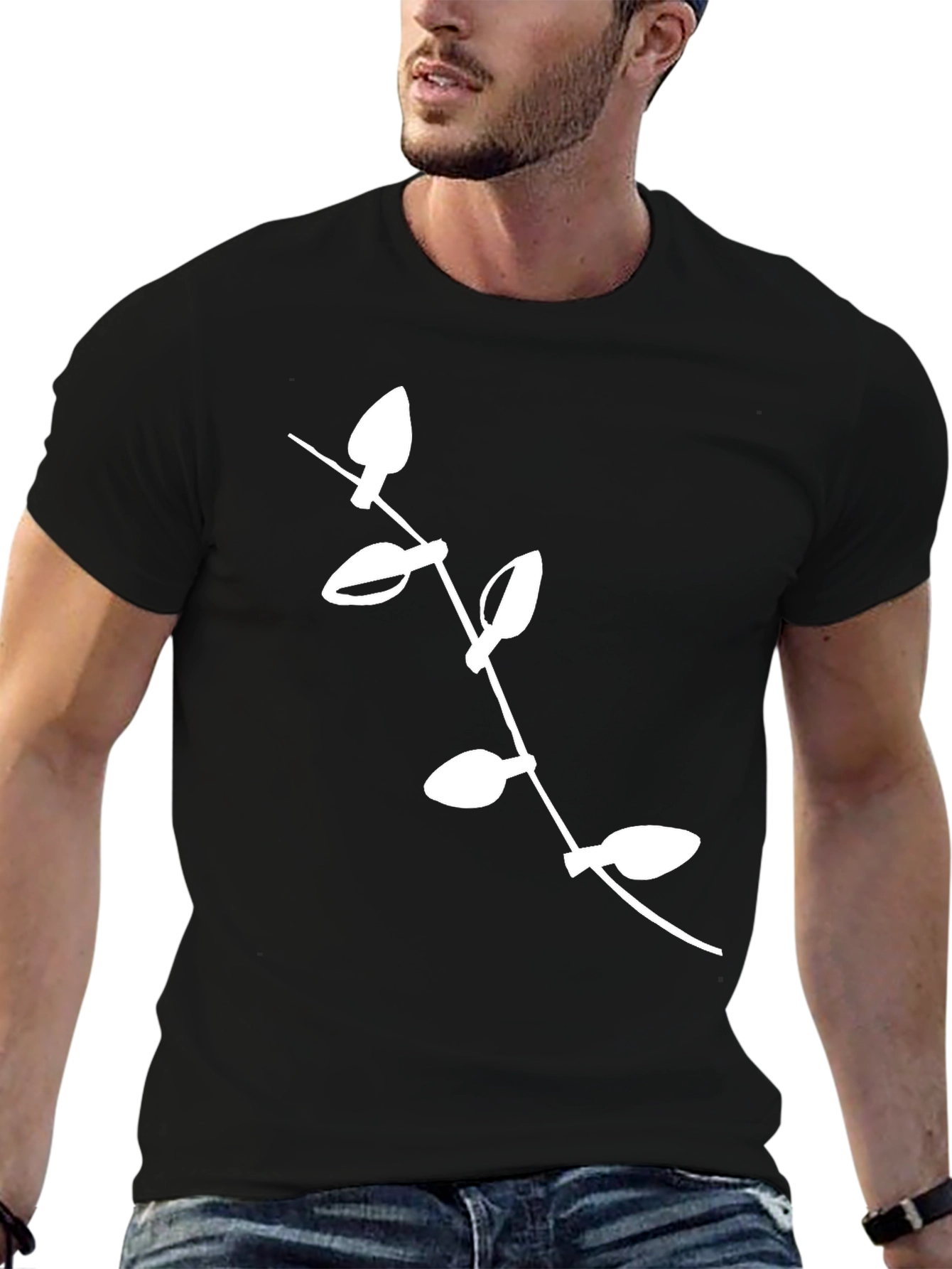Modern Black Tee with White Leaf Design