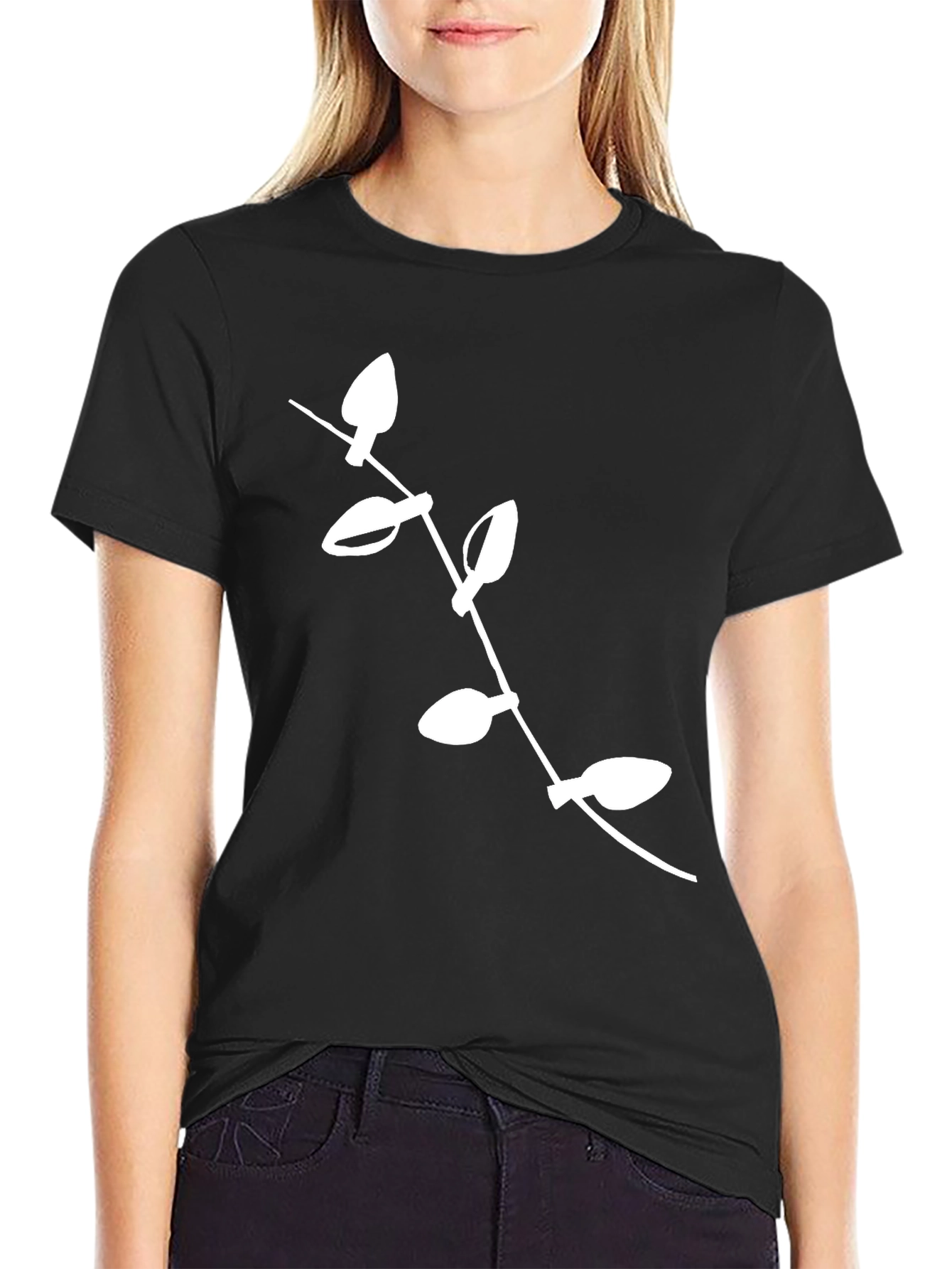 Modern Black Tee with White Leaf Design