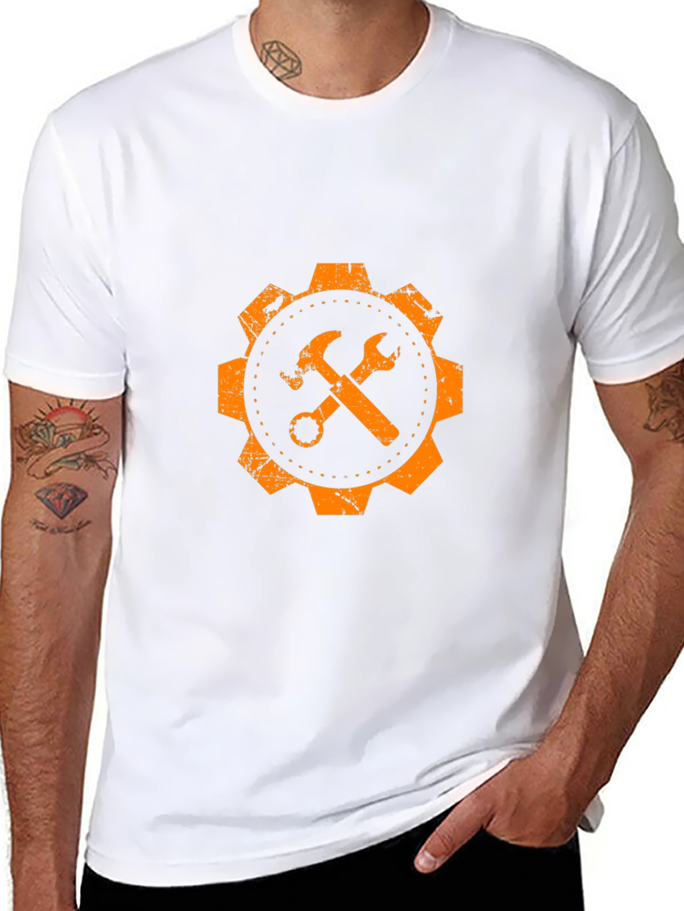 Orange Gear Hammer & Wrench Graphic T-Shirt