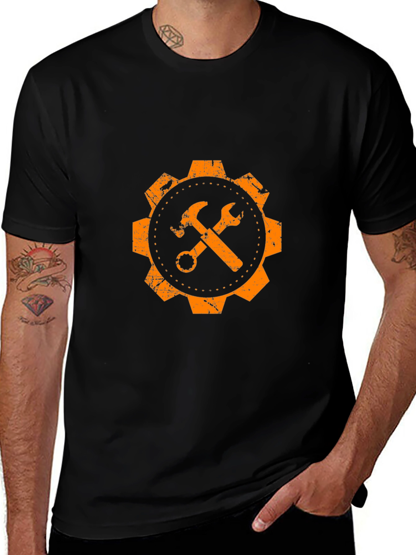 Orange Gear Hammer & Wrench Graphic T-Shirt