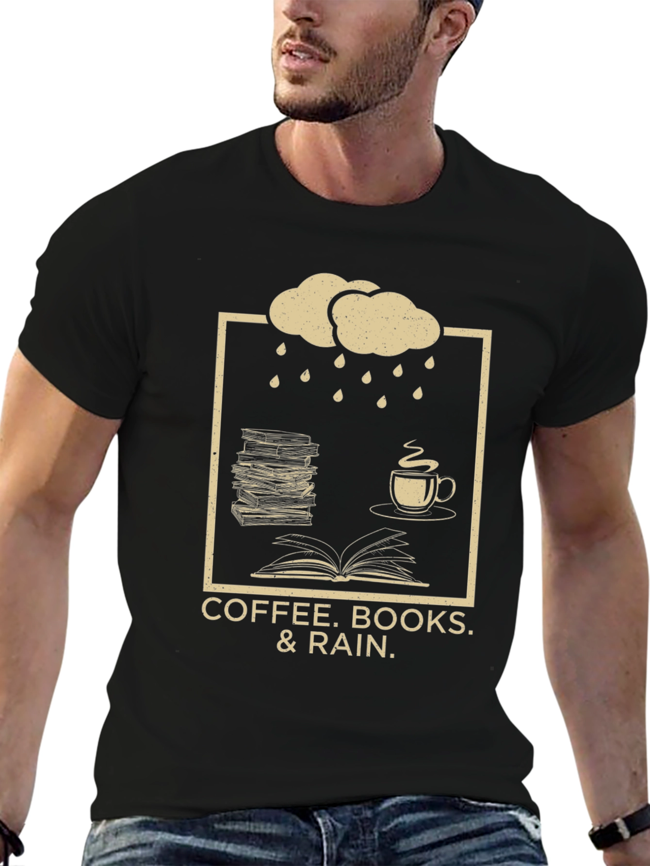 Coffee Books Rain T-Shirt - Cozy Weather Apparel