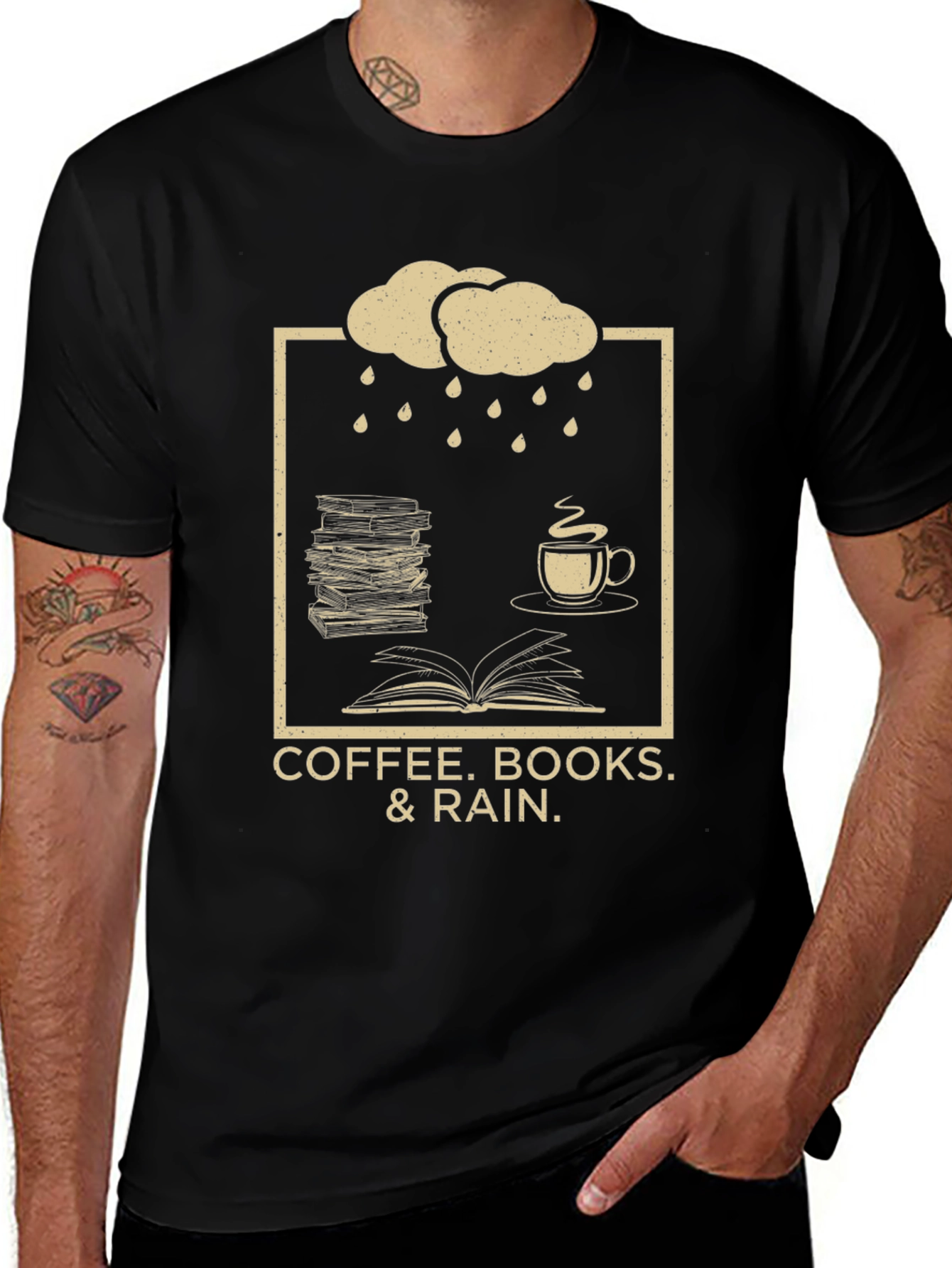 Coffee Books Rain T-Shirt - Cozy Weather Apparel