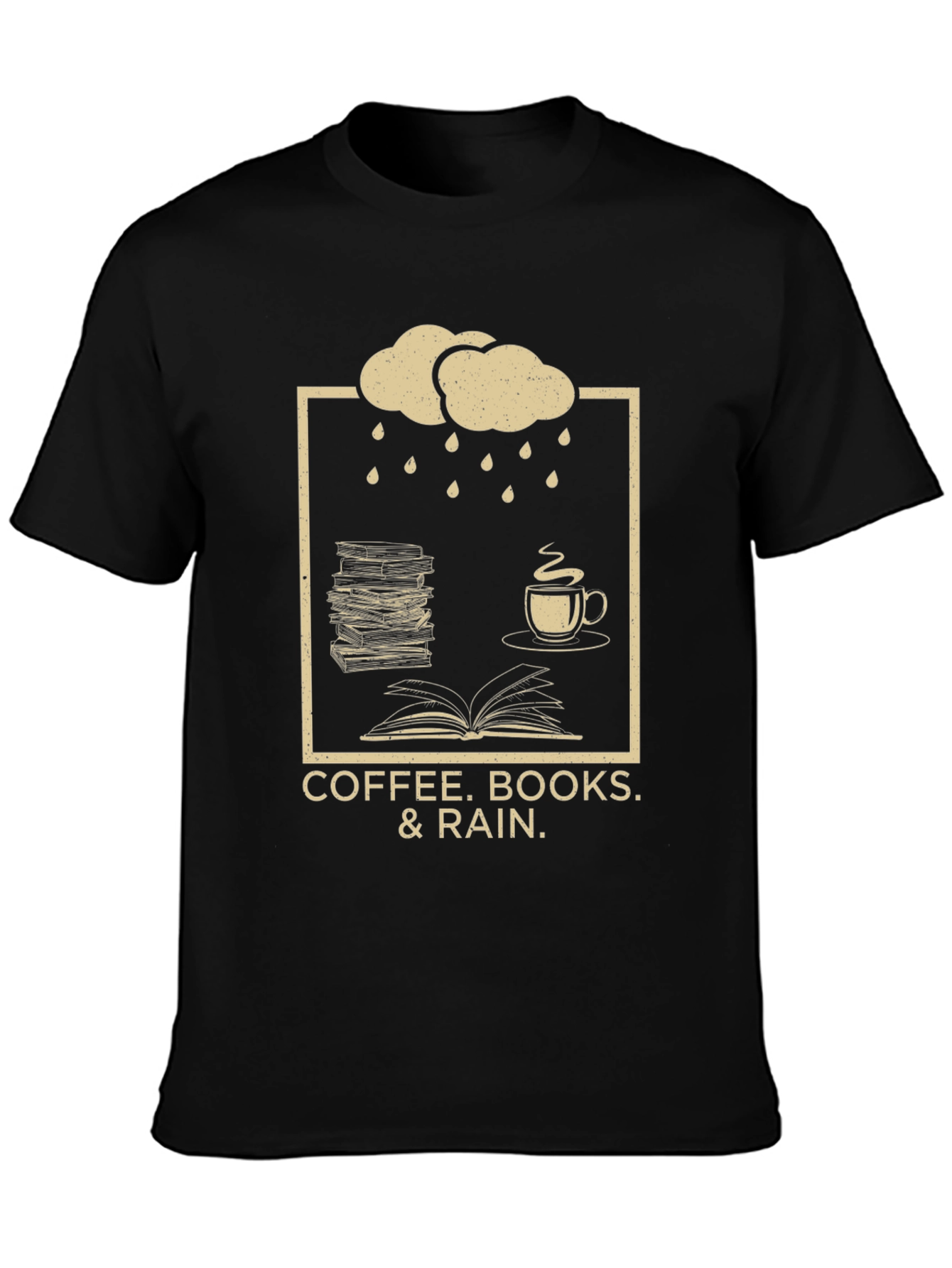 Coffee Books Rain T-Shirt - Cozy Weather Apparel
