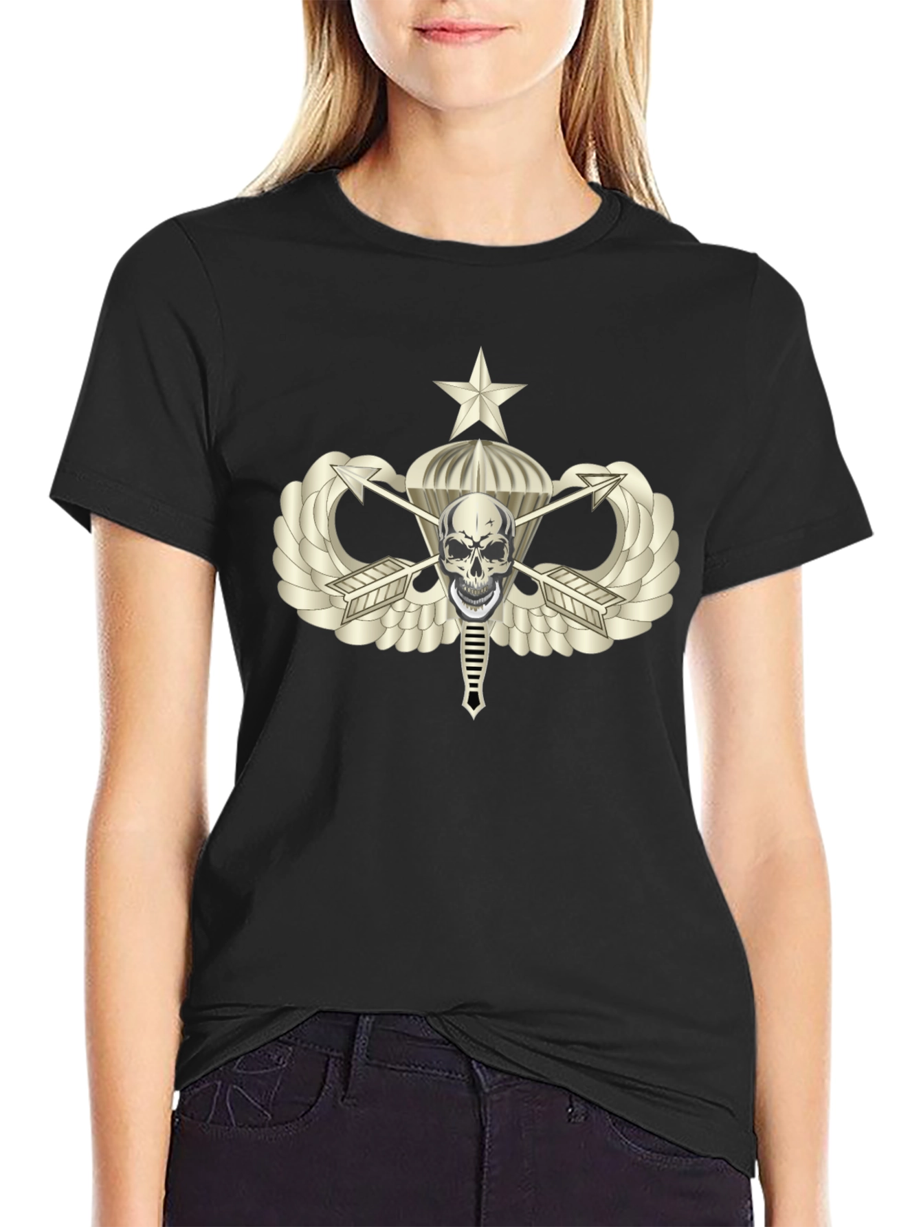 Skull Airborne T-Shirt - Black Cotton Graphic Tee