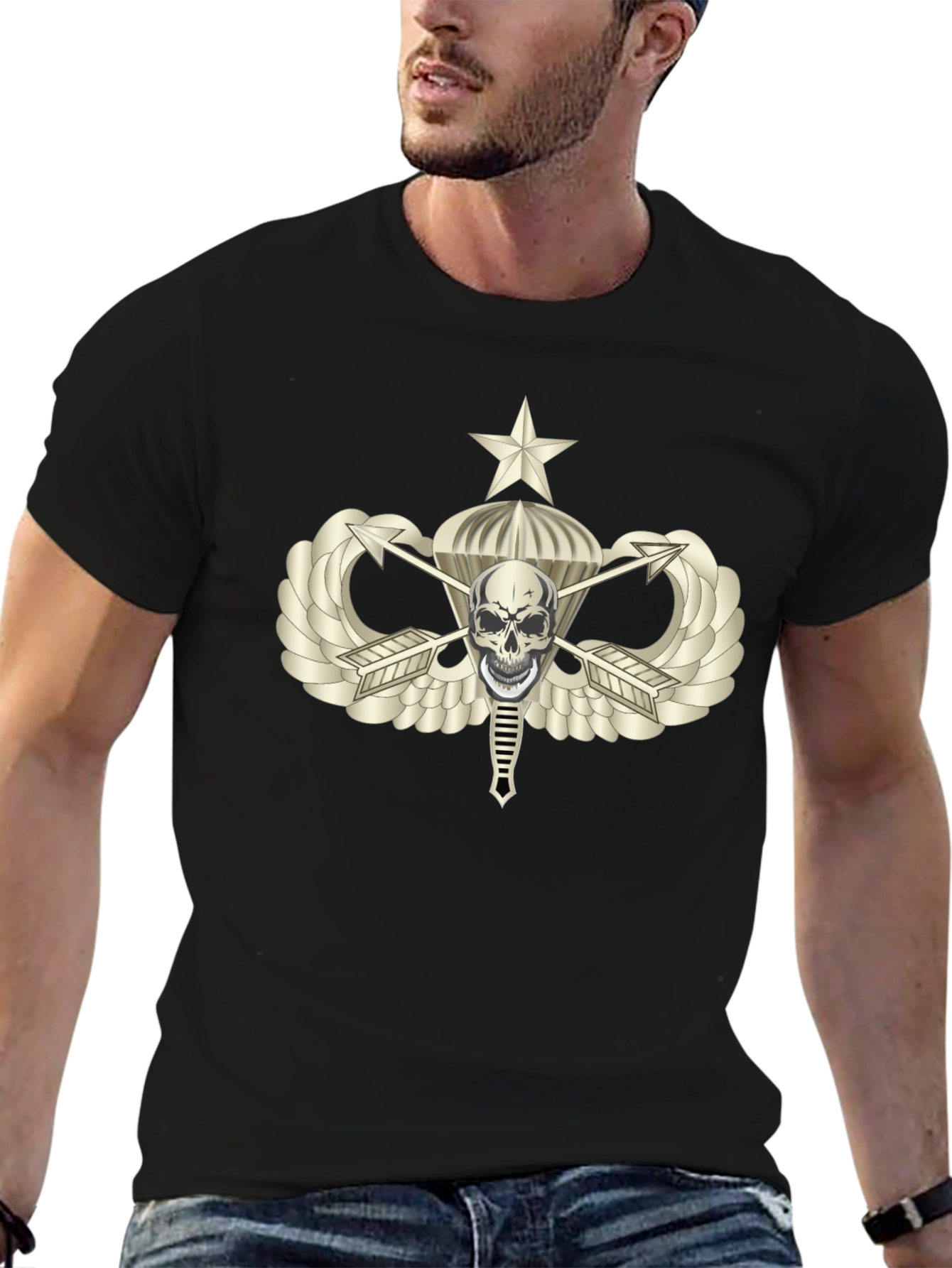 Skull Airborne T-Shirt - Black Cotton Graphic Tee
