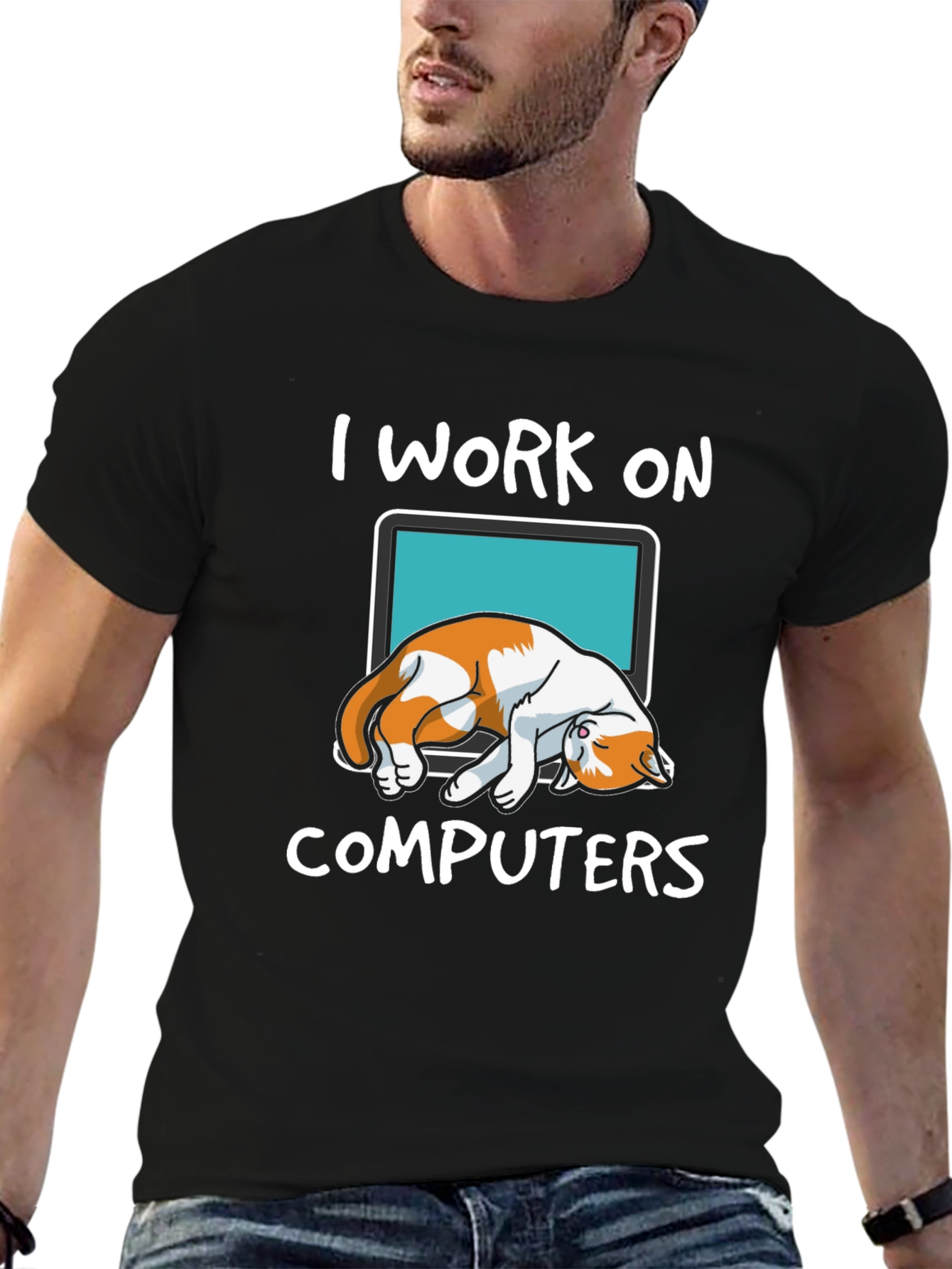I Work On Computers Cat Graphic T-Shirt