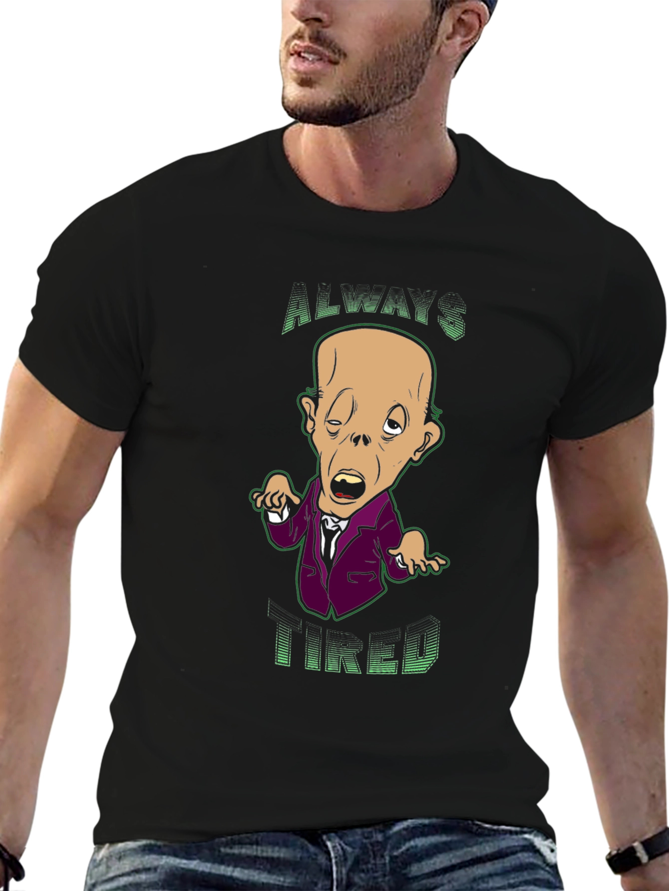 Always Tired Cartoon Graphic Black T-Shirt