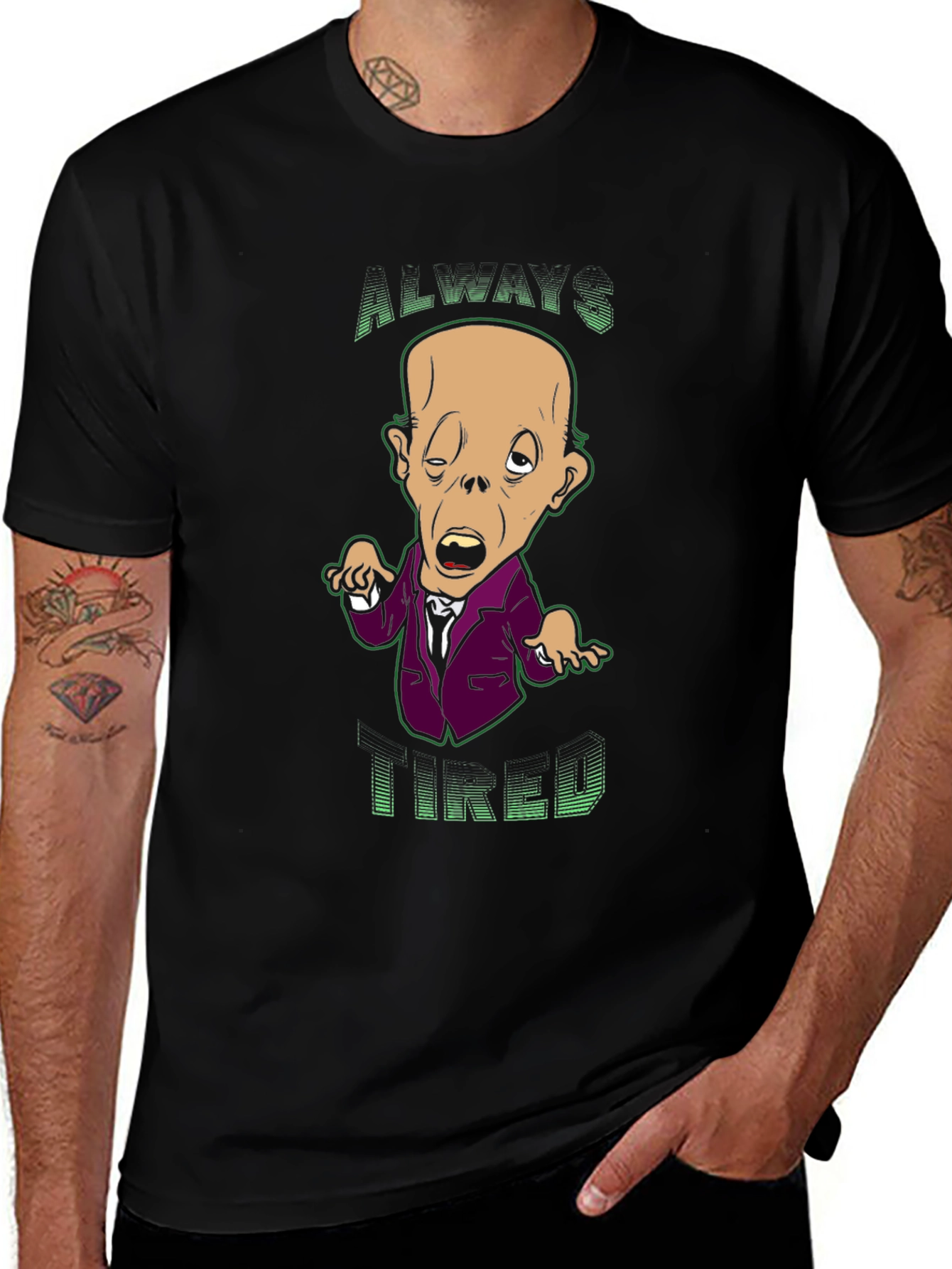 Always Tired Cartoon Graphic Black T-Shirt