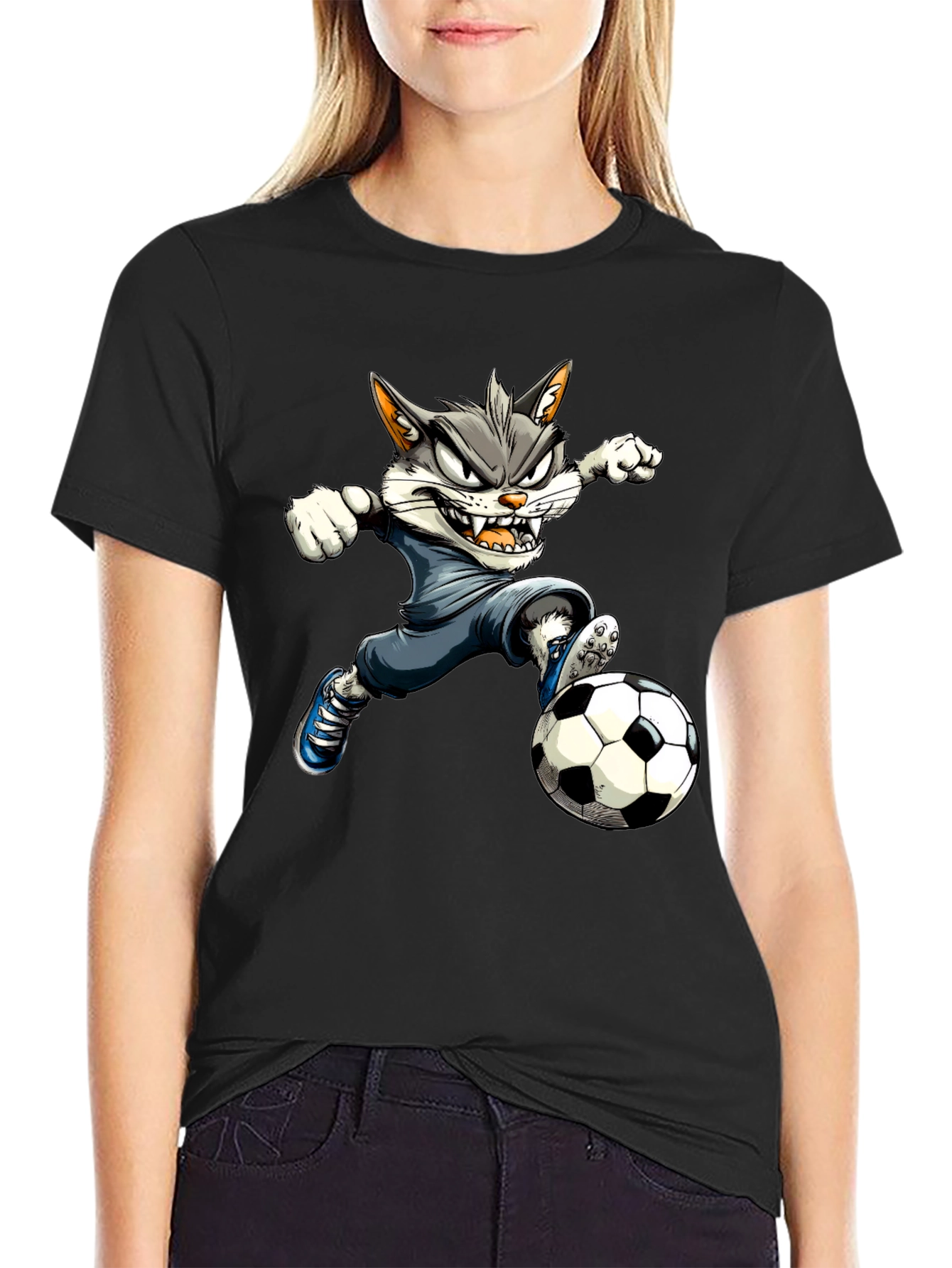 Cartoon Cat Soccer T-Shirt - Black Graphic Tee