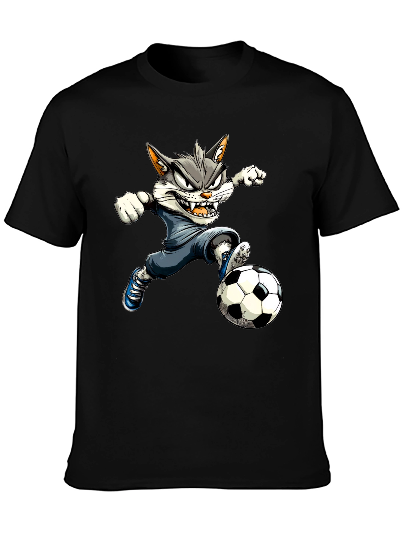 Cartoon Cat Soccer T-Shirt - Black Graphic Tee